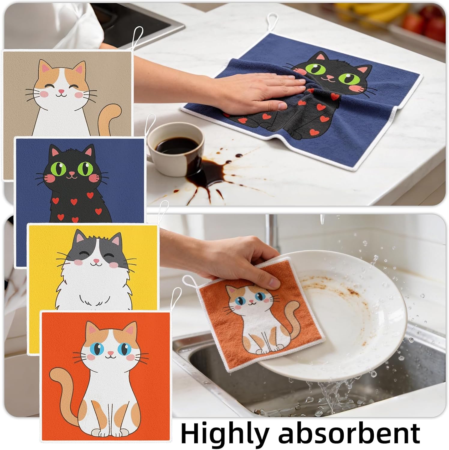 Kitchen Dish Cloths,4-Pack Reusable Soft Dishcloths with Hanging Loop,11.8×11.8in Kitchen Towels,Microfiber Hand Towels,Home Decoration,for Housewarming Gifts-Cute Cat image 4