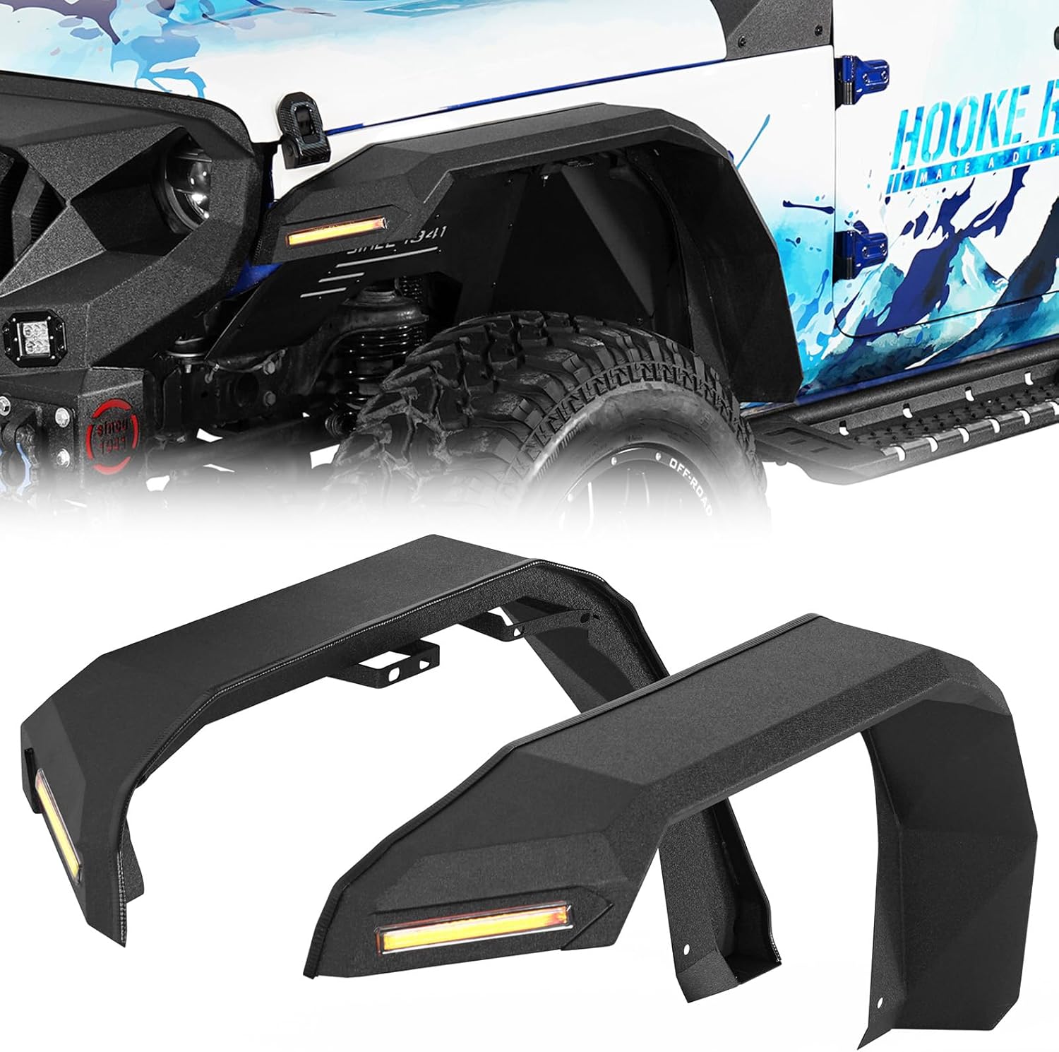 Hooke Road JL JT Wide Flat Fender Flares w/Lights for 2018-2026 Jeep Wrangler JL & Gladiator JT, 2PCS High Clearance Front Fenders, Textured Black Solid Steel Material