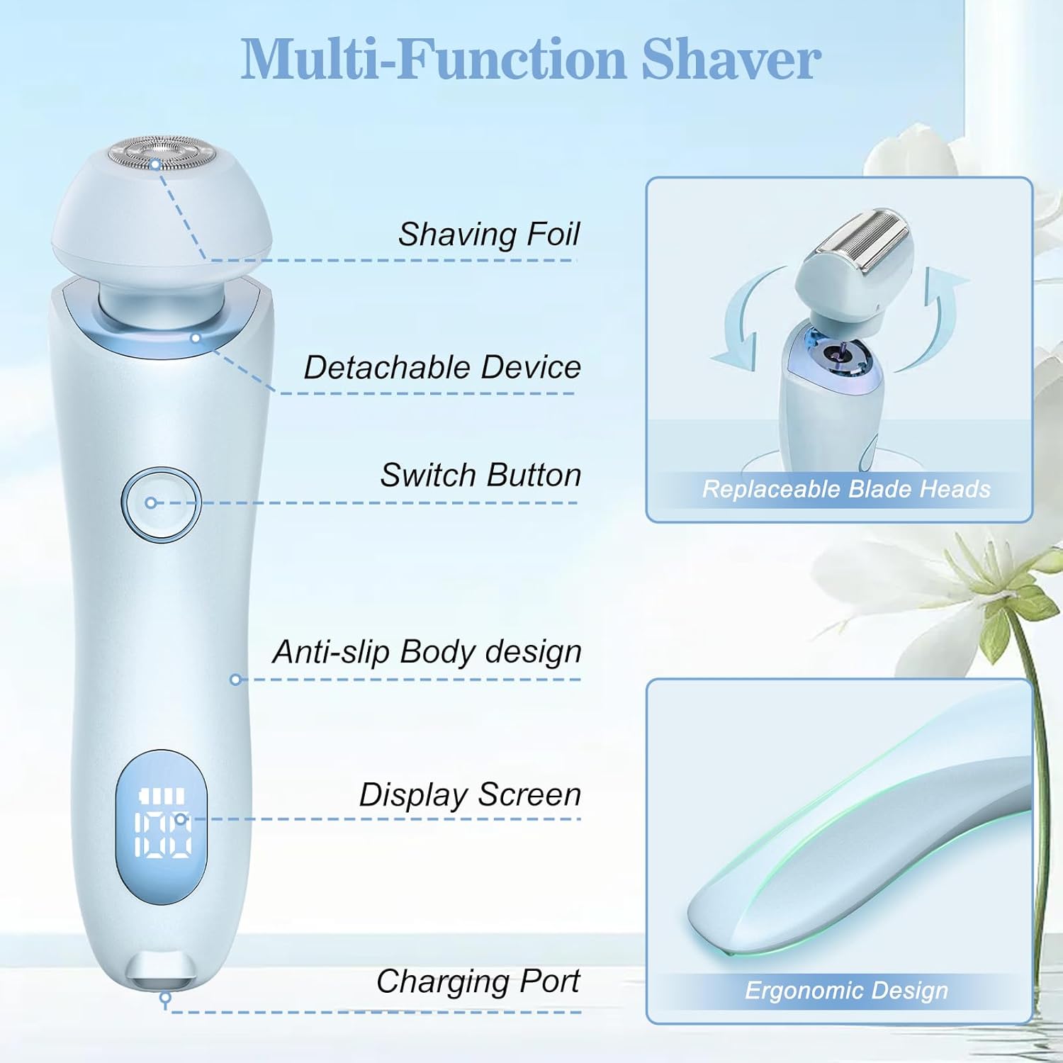 Electric Shaver for Women, Painless 2 in 1 Wet & Dry Waterproof Silk Glide Pro Shaver with 2 Removable Heads, Rechargeable Electric Razors for Bikini, Legs, Underarms, Body (Blue) - Image 2