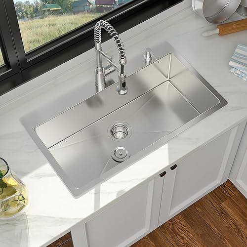 33 Inch Drop In Kitchen Sink - 33 x 19 Topmount Kitchen Sinks Stainless Steel 16 Gauge Single Bowl Handmade Top Mount Sinks with Offset Drainer