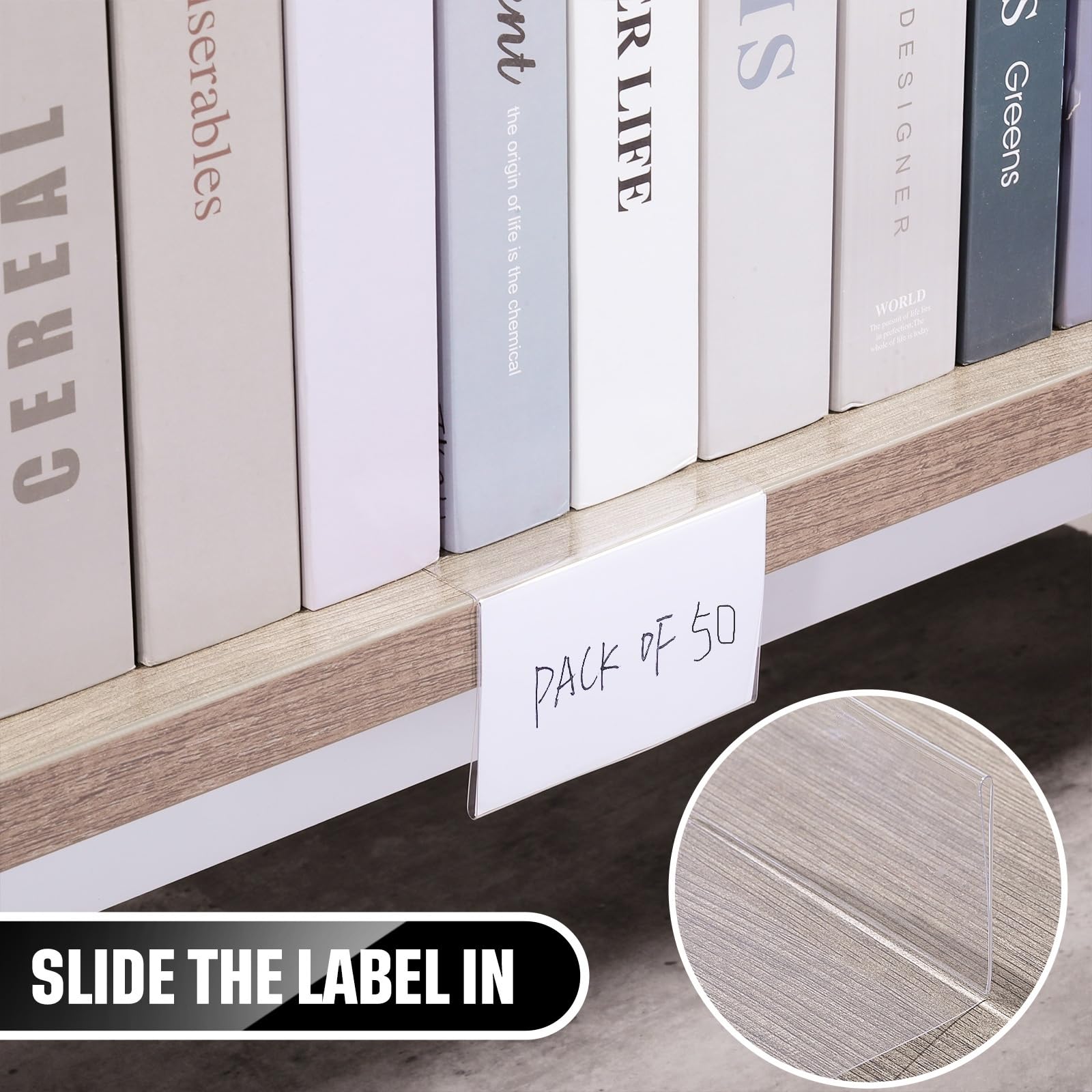 Containlol 50 porta etichette mobili per mensole, trasparenti, per librerie, librerie, mensole, librerie, mensole, etichette, librerie, uffici, aule e la casa (16,5 x 8,9 x 6,9 cm)