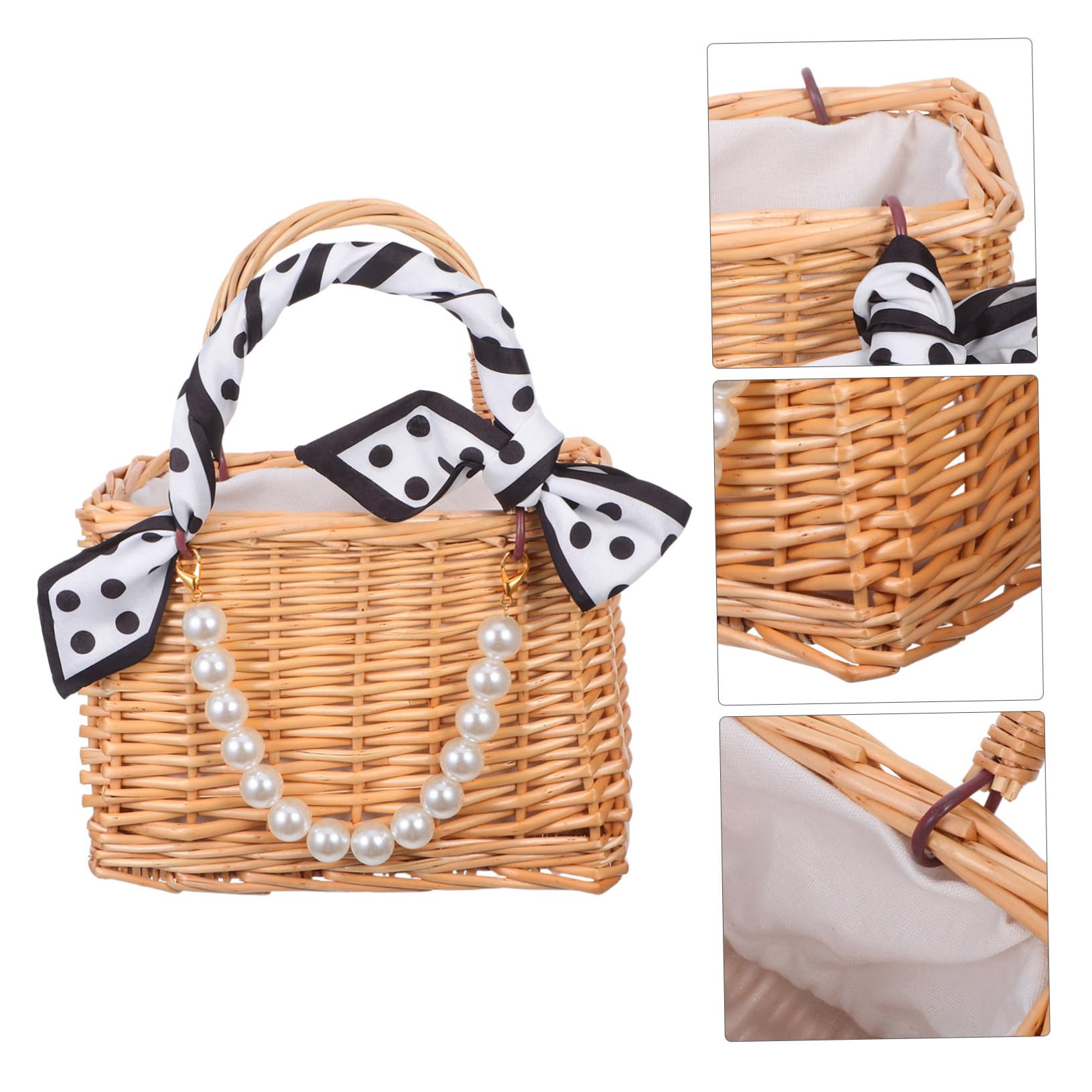 Cabilock Handgefertigter Rattan-blumenkorb mit Perlenhenkel Geflochtene Blumentasche Vielseitiger Korb für Hochzeit Garten Picknick und Strand Dekorativ und Praktisch