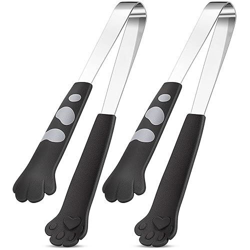 2 Pieces Cat Paw Tongs 7 Inch Cat Kitchen Accessories Stainless Steel Tiny Cooking Tongs for Appetizers BBQ Serving Grilling Sugar Cube (Black) - 2 - Black