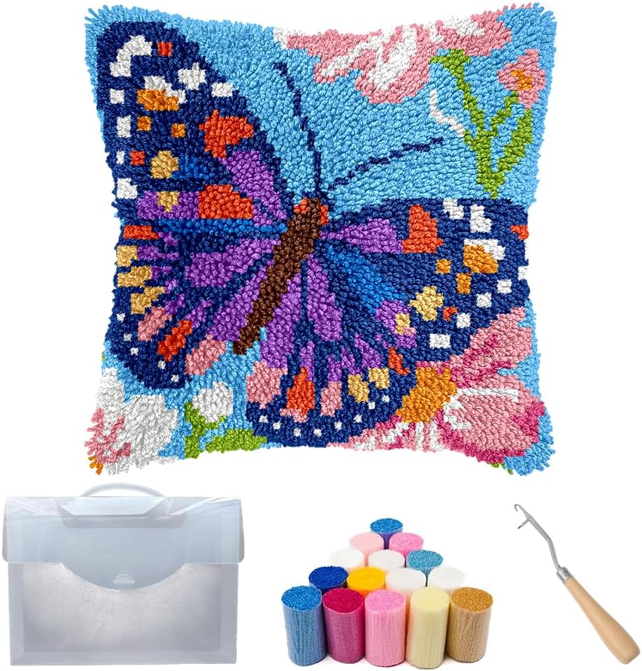 Cozykeke Butterfly Latch Hook Kit for Adults Beginners, DIY Latch Hook Pillow Kits with Pre-Printed Canvas, Suitable for Home Decor and Festival Gift 17 * 17in (BZ5407)