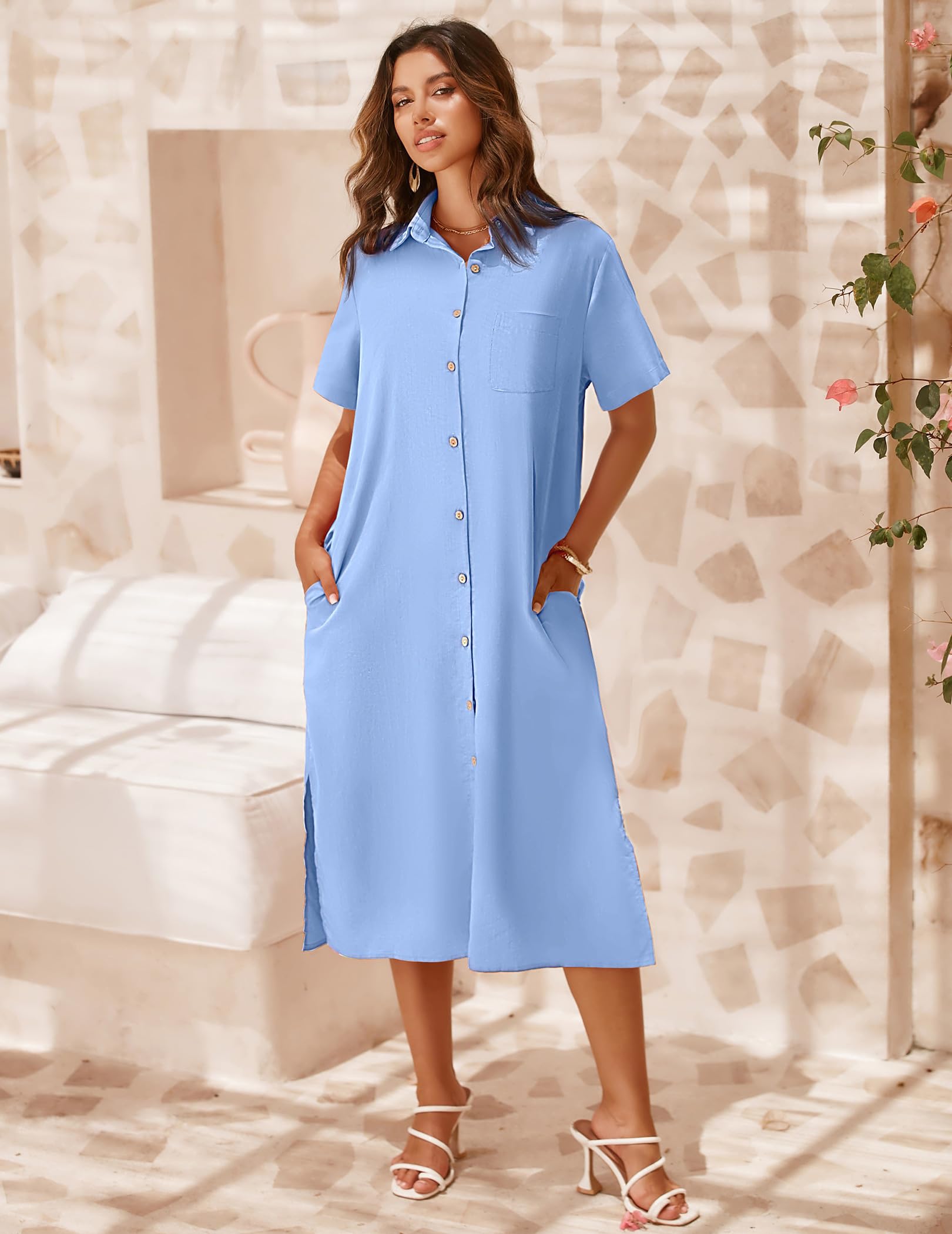 Zeagoo Vestidos de verano casuales de manga corta con botones para mujer, vestidos de playa con bolsillos