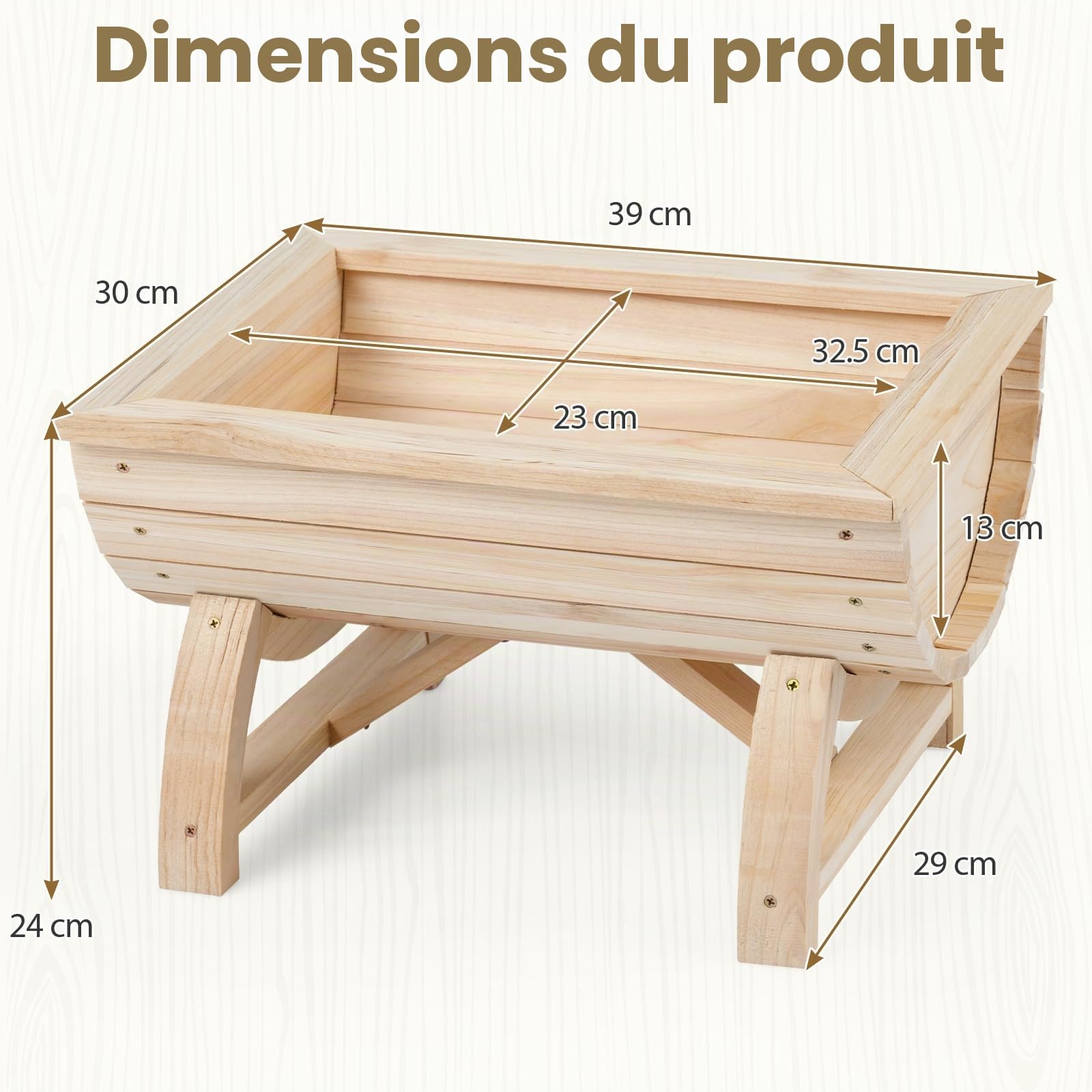 GOPLUS Lot de 2 Jardiniere sur Pieds en Bois Massif, 39x30x24 CM, Carre Potager Forme Demi-Tonneau avec Trou de Drainage pour Légumes, Plantes, Herbes, Table de Culture pour Balcon, Jardin