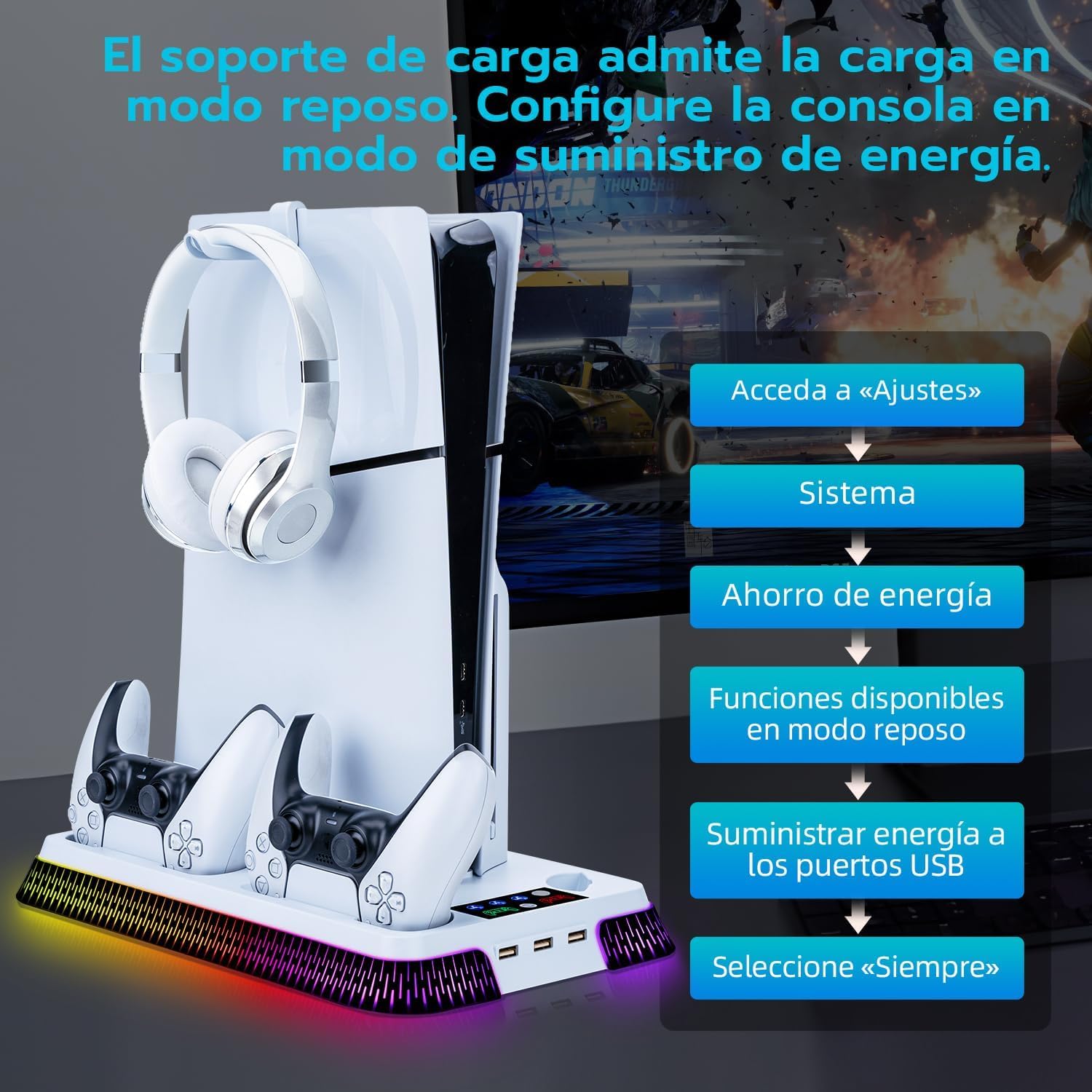 Supporto verticale per PS5 Slim Pro RGB Base Stazione di Raffreddamento con Ventilazione e Illuminazione, Ricarica per 2 Mando, Include 2 Protezioni Antiscivolo per Telecomando Regalo