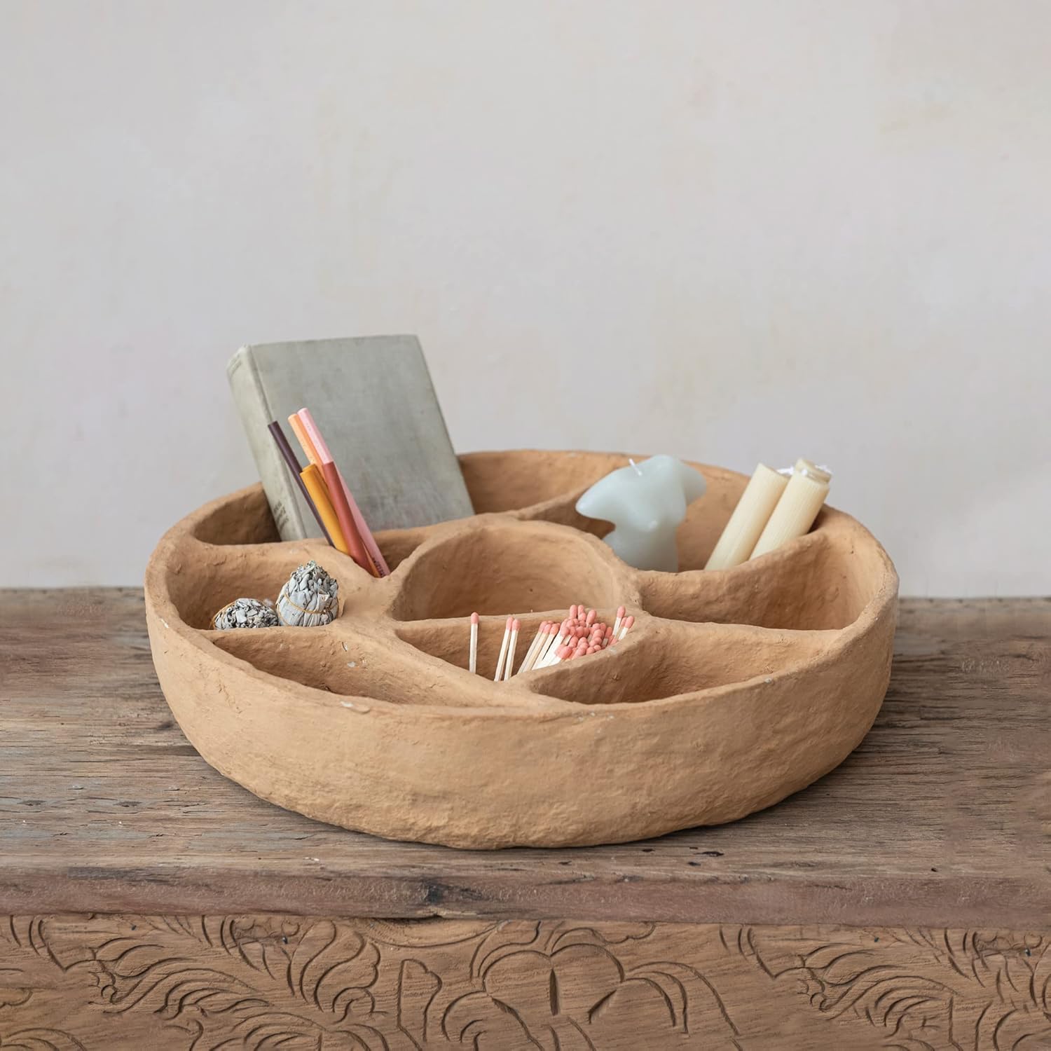 Creative Co-Op Round Paper Mache Wall Shelf with Multiple Sections, Mustard
