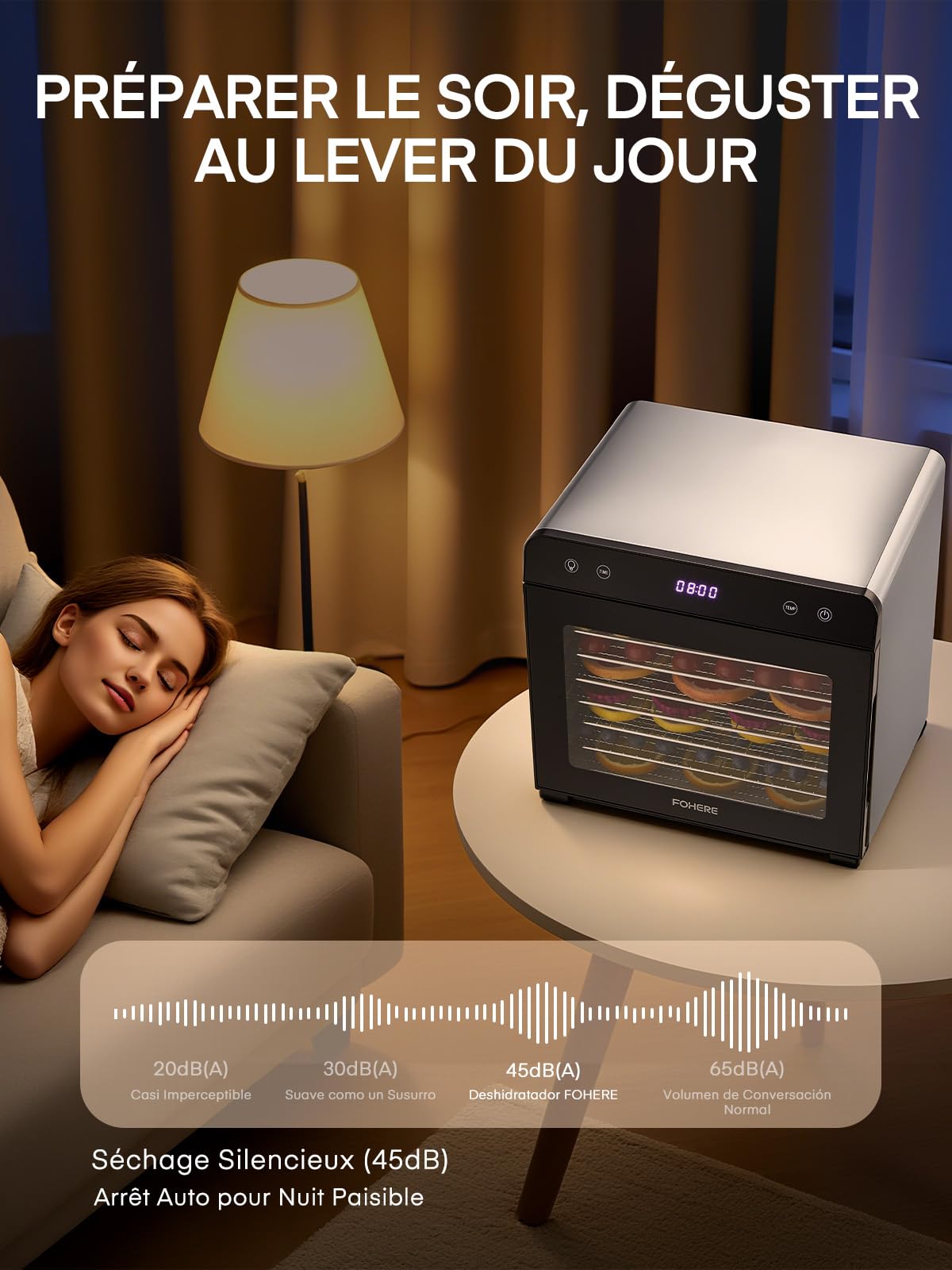 FOHERE Deshidratador de Alimentos Profesional 8 Bandejas Acero Inox., Silencioso <40dB Uso Nocturno, Control Temp. 35-75°C Temp. 48h, Frutas Verduras Cecina Setas Hierbas Snacks Bebé Sin BPA