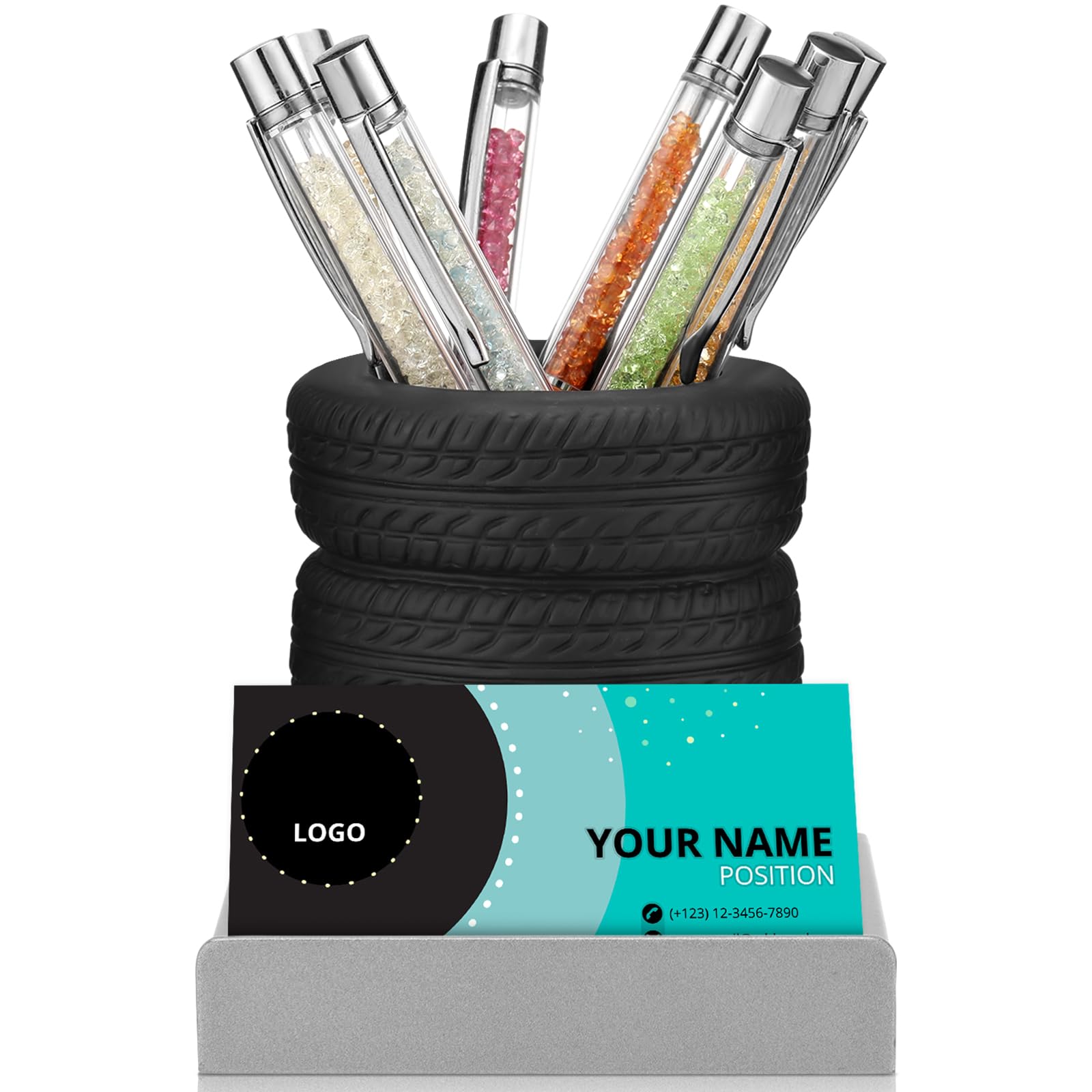 Feifeiya Tire Shape Stationery Set Tire Shaped Pen Holder Metal Business Card Holder Automotive Business Card Organizer for Man Desk Office School