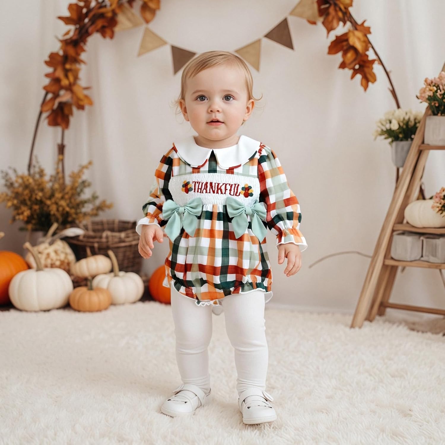 Newborn Baby Girl Thanksgiving Outfit Letter Turkey Long Sleeve Romper Plaid Jumpsuit Smocked Bubble Clothes - Image 7
