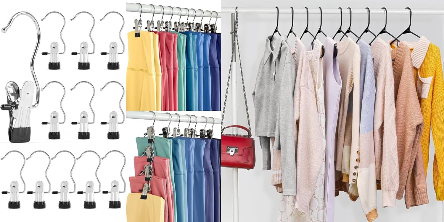 HOUSE DAY Black Plastic Hangers 60P & 20P Hangers Clips Legging Organizer for Closet Black