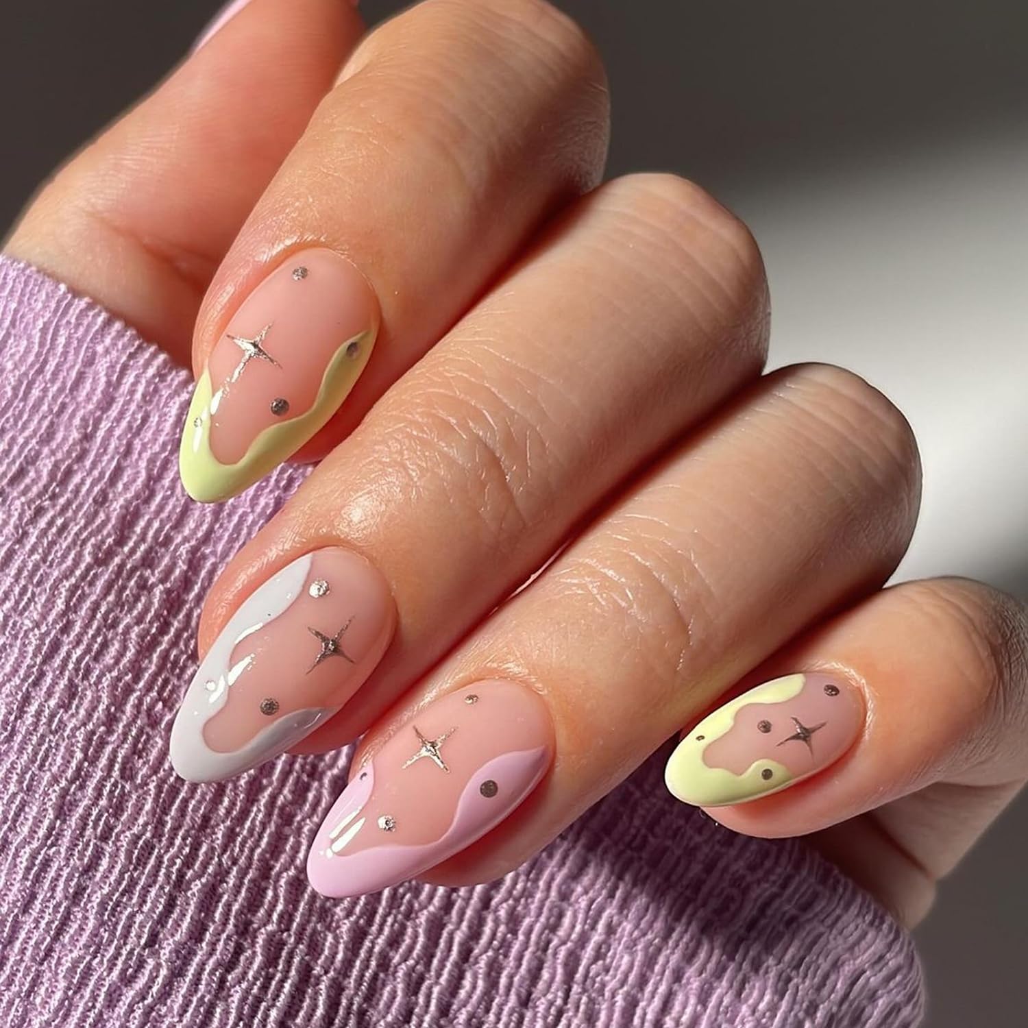 LOPMNGHT 24Pcs Almond Press on Nails Medium Colorful French Tip False Nails Stars Nails Reusable Artificial Coffin Nails Full Cover Acrylic Nails