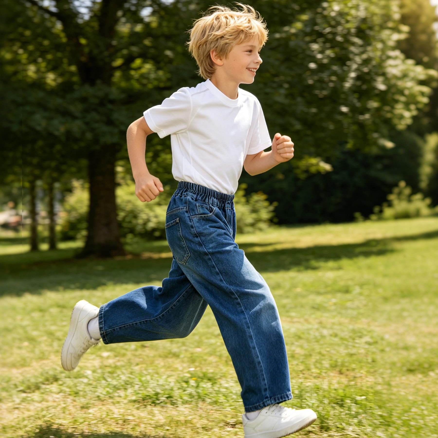 Jeans Ragazzo Bambino Dritto Baggy Denim Loose Fit Pantaloni con Vita Elasticizzata Lunghi Blu Pantaloni Casual Stretch Denim Jeans Moda Streetwear per Ragazzi 5-14 Anni