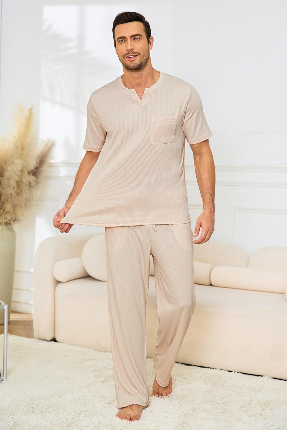 JiniGolla Mens Pajamas Set Soft Short Sleeve Top and Pant Loungewear Sets 2 Piece Pjs with Pockets - Image 4