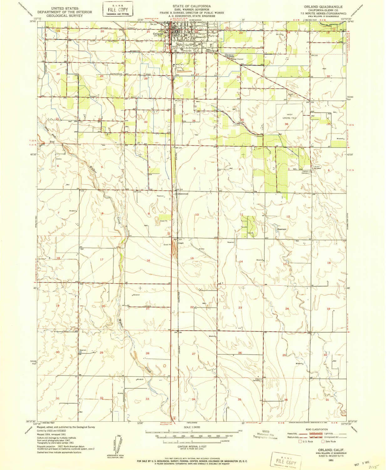 YellowMaps Orland CA topo map, 1:24000 Scale, 7.5 X 7.5 Minute, Historical, 1951, Updated 1952, 26.7 x 22 in