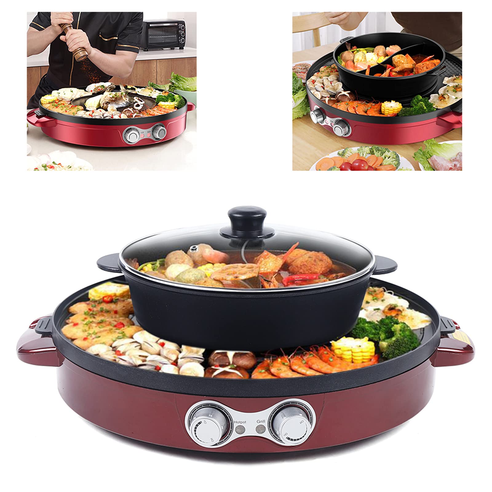 2 in 1 Elektrischer Hot Pot und Grill, Elektro-Backofen Doppeltrennung Mandarin Ente Topf BBQ Grill, Hotpot mit Unabhängiger Temperaturregelung, 2200 W, 52 * 52 * 18.5cm