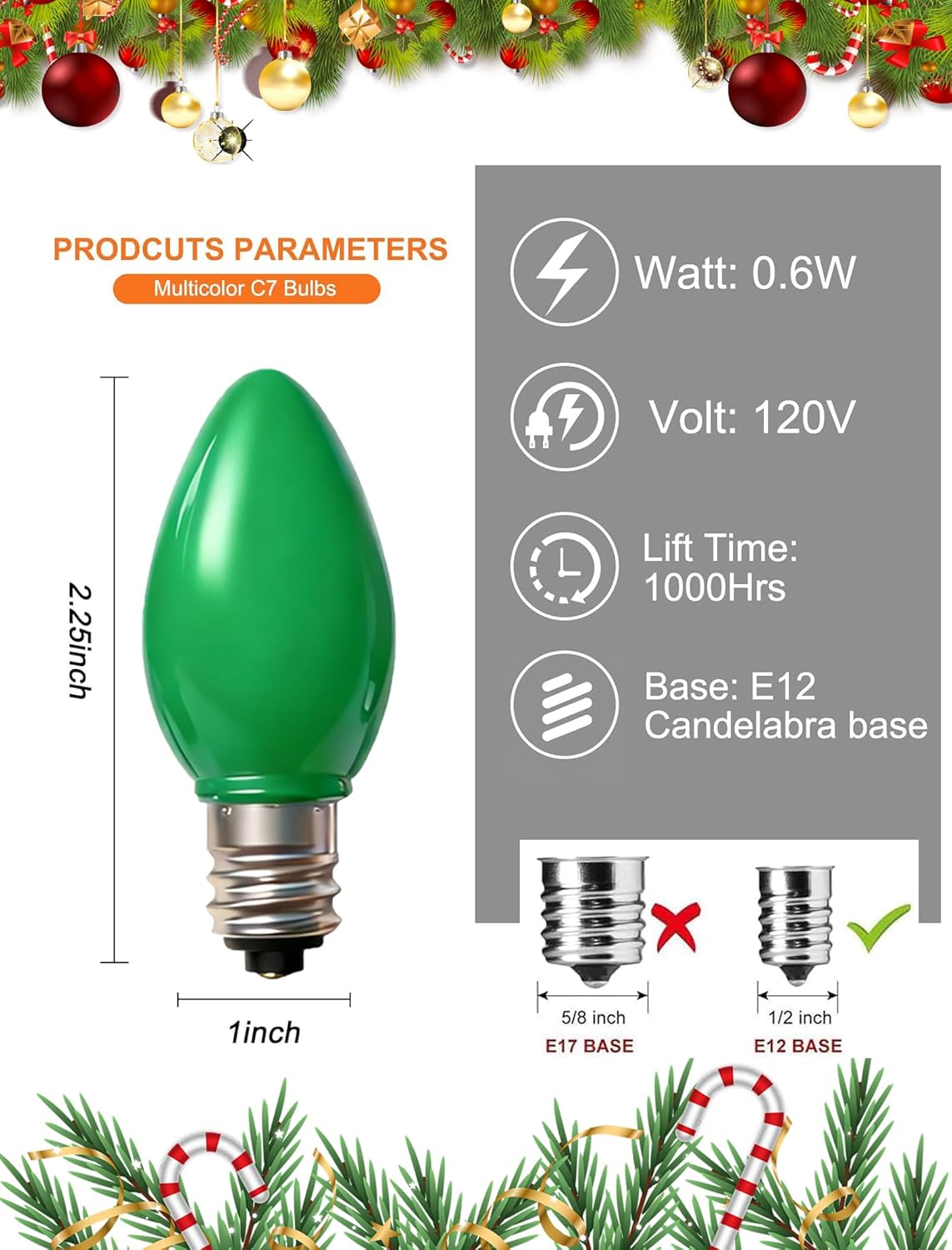 Oviejo 25 Pack C7 LED Multicolor Replacement Bulbs, Christmas Multicolor Ceramic LED Light Bulbs Vintage Light Bulbs for Christmas Indoor Outdoor String Lights, E12/C7 Candelabra Base, 0.6 Watt