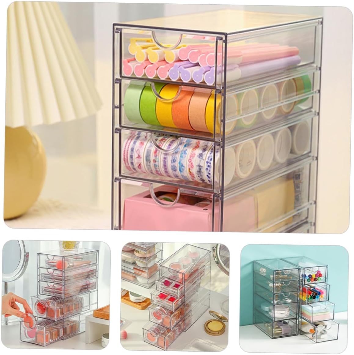 Uonlytech Transparent Makeup Organizer Drawer Stackable Desktop Storage Box for Cosmetics Stationery and Accessories Versatile Holder for Office School and Home Use