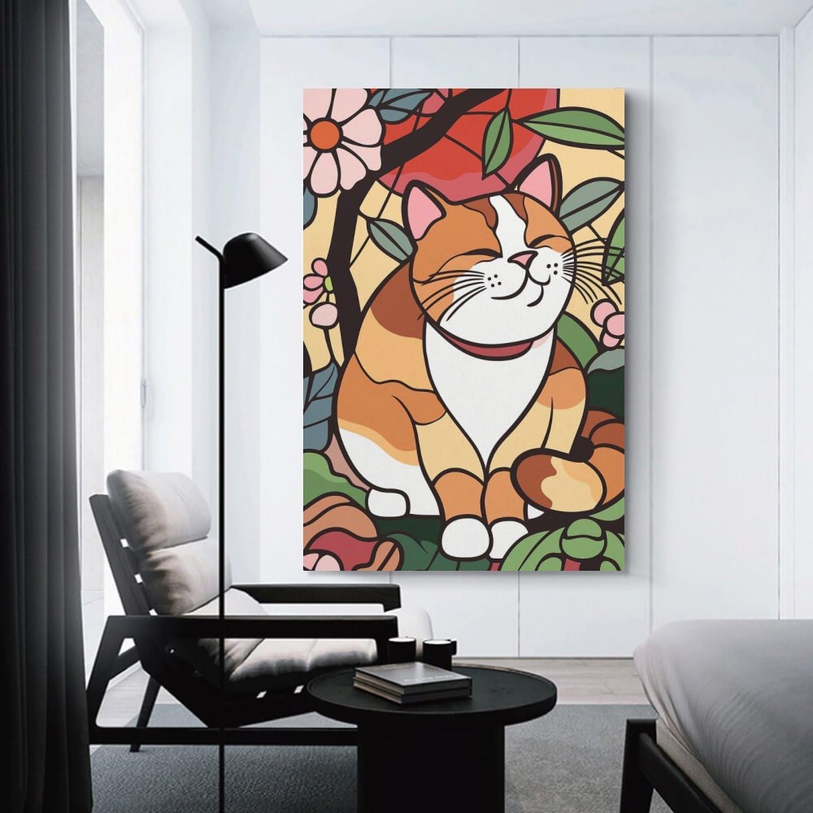 Junmoney Happy Orange And White Cat in Flowers Canvas Wall Picture 24x36inch(60x90cm), for Contemporary Homes, Apartments Or Offices, Wall Decor with Flexible Room Appeal