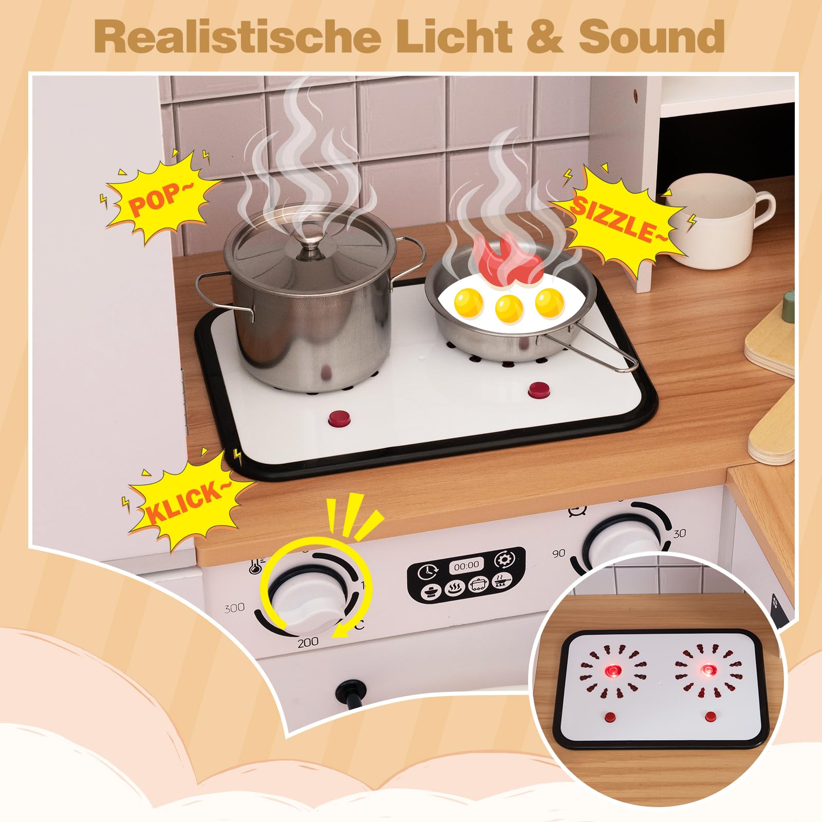 COSTWAY Kinderküche, Eck-Spielküche inkl. 12 Zubehör & Stoffkörben, Holzküche mit Doppeltür-Kühlschrank, Kaffeemaschine & Waschmaschine, Spielzeugküche mit Licht & Sound für Kinder ab 3 Jahren (Weiß)