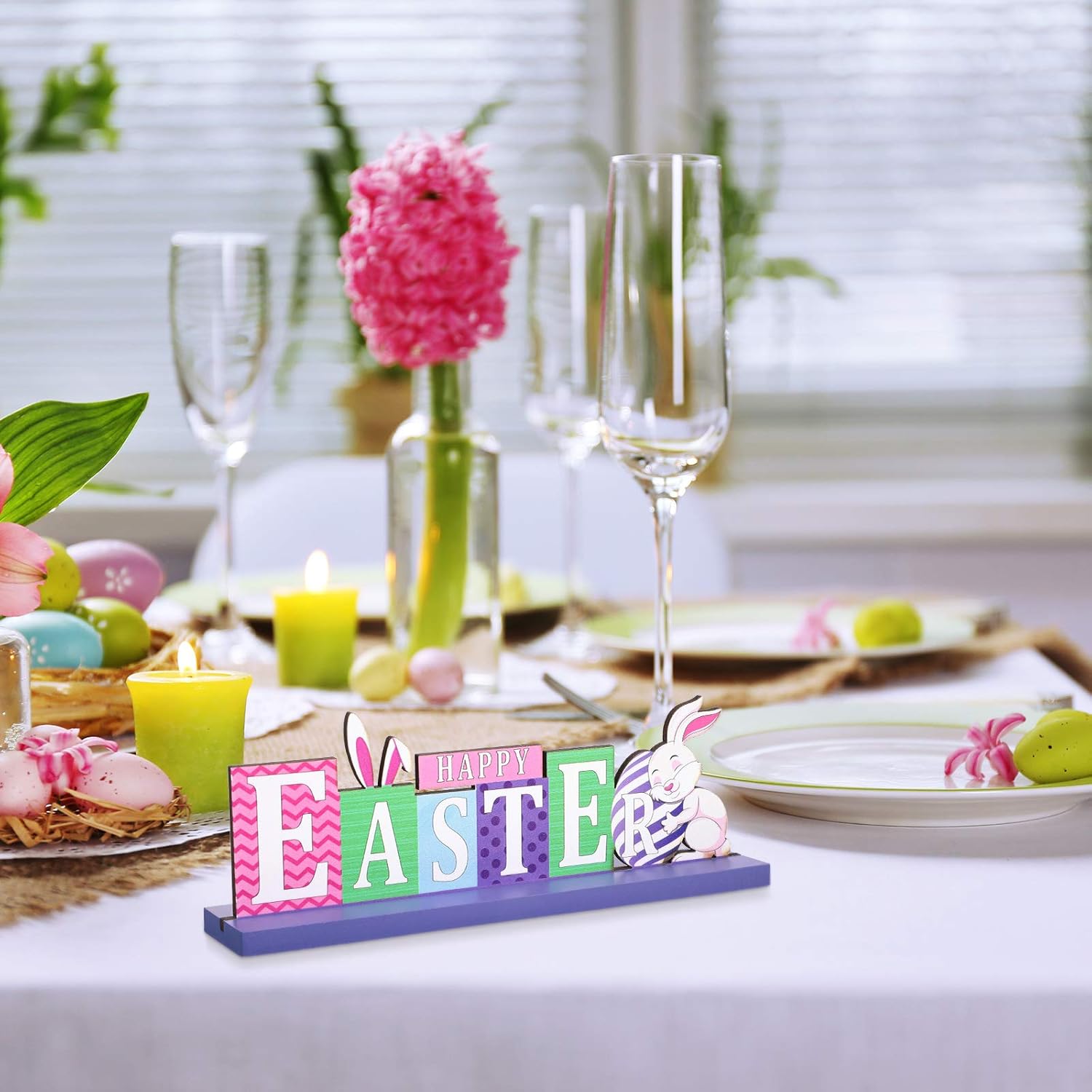 Happy Easter Table Decor Rustic Rabbit Egg Easter Table Centerpiece Vintage Bunny Egg Wood Sign Spring Rabbit Table Decor for Easter Table Party Living Room Kitchen Office Bar Decor (Egg, 3 Pieces)