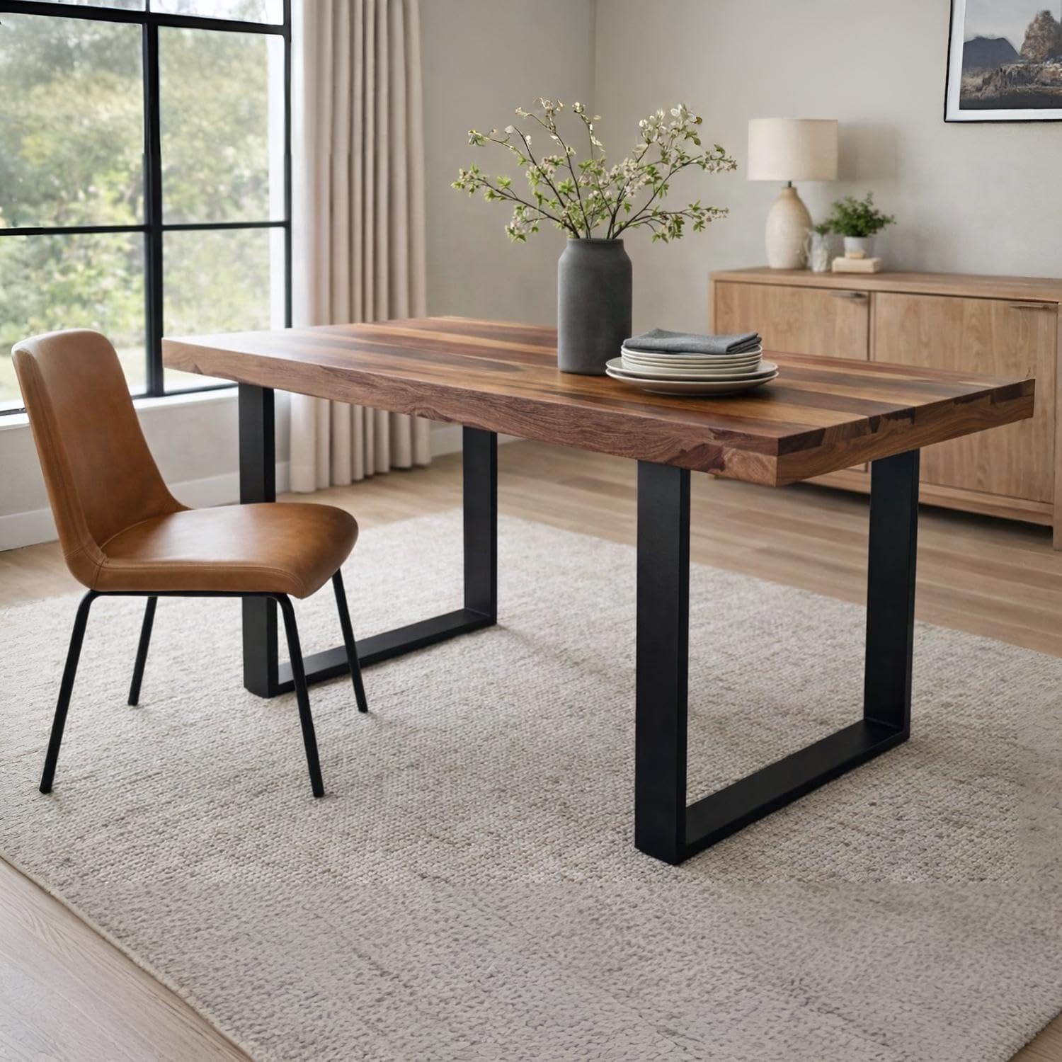ANGEL FURNITURE Oakland Dining Table Pure Sheesham Wood Top with CR Iron Leg (Plain Legs, 140x90)