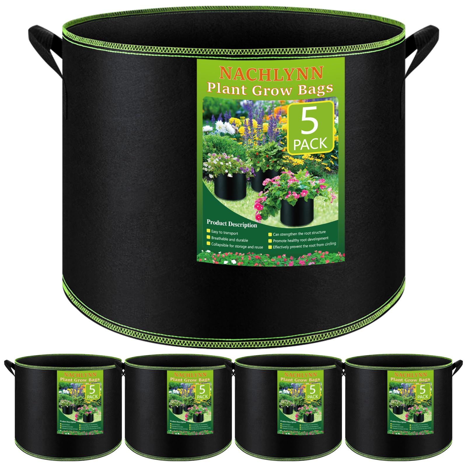NACHLYNN 5-Pack 7 Gallon Grow Bags