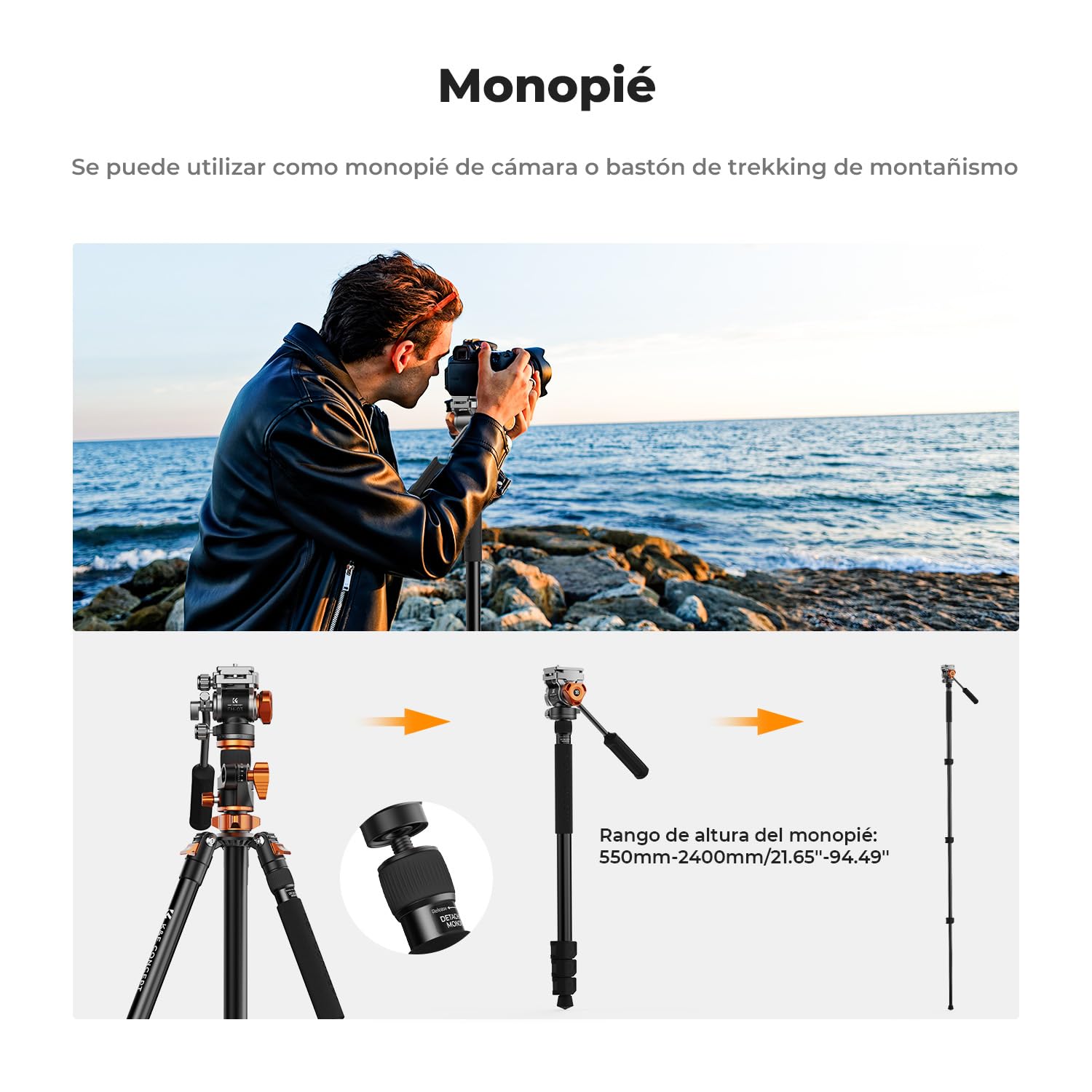 K&F CONCEPT Trípode Cámara 231cm con Cabezal Fluido T254A7+FH-03, Trípode con Columna Central de 90° y Monopie Desmontable para DSLR Videocámaras Cámaras