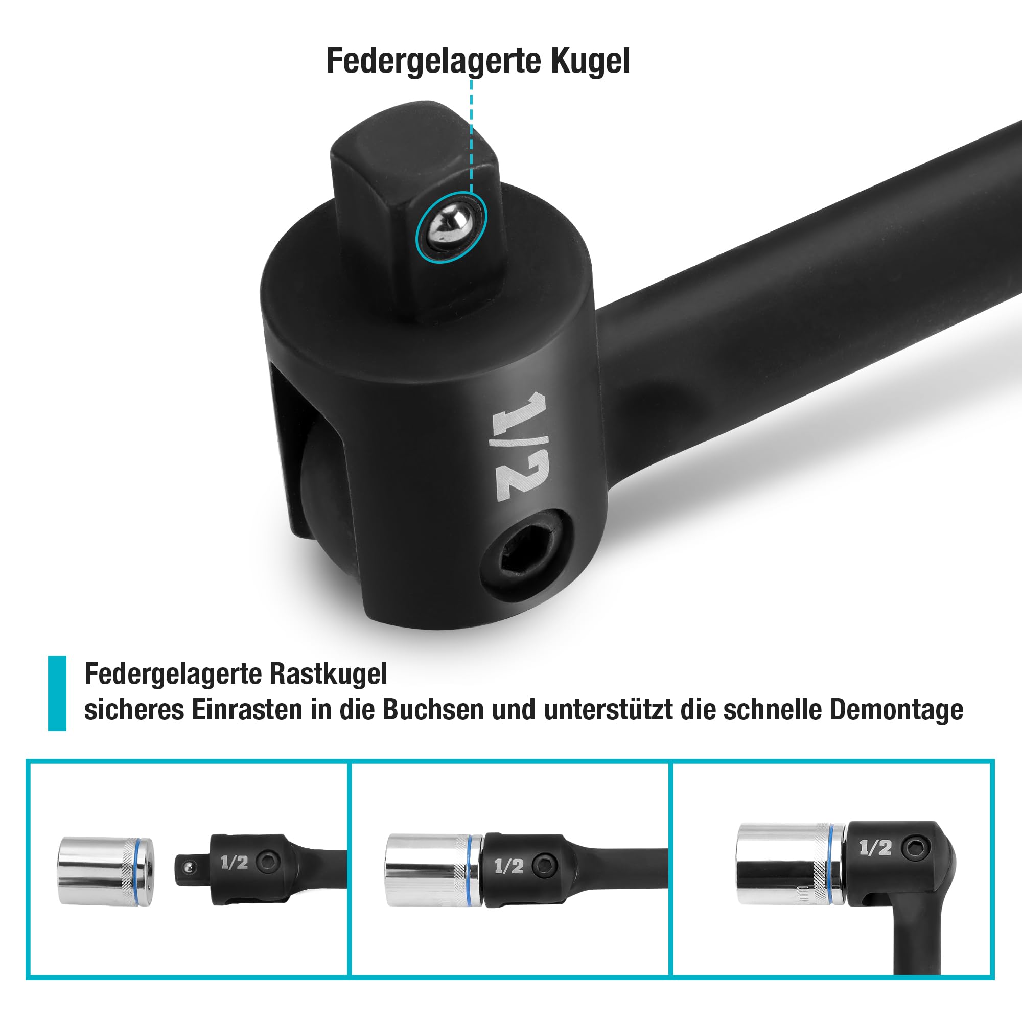 DURATECH 1/2" Gelenkgriff 600 mm, Maximales Drehmoment 780 N·m, mit Flexiblem Kopf, Federbelastete Kugelkonstruktion, für Autoreparaturen und DIY, Schwarz