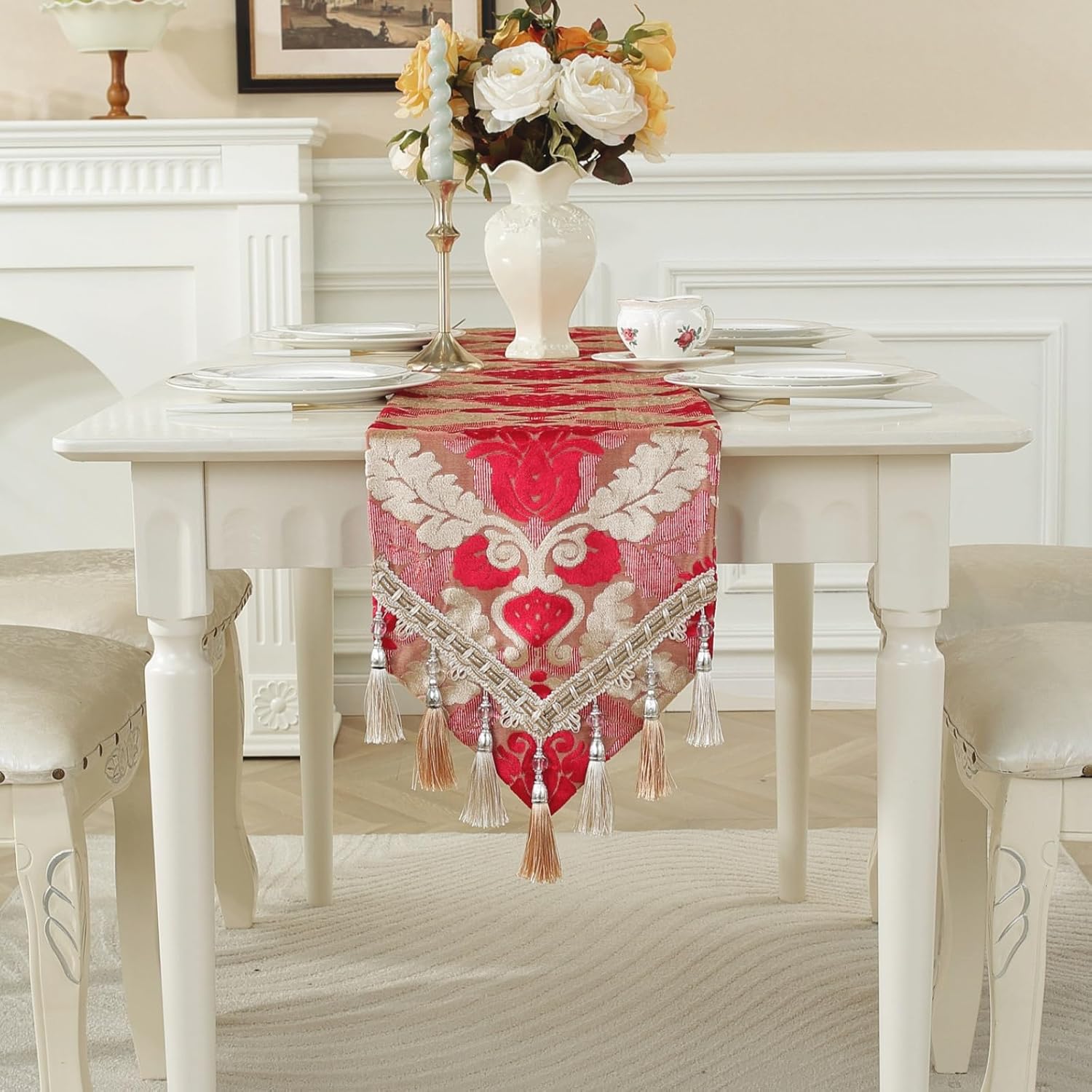 Chenille Luxury Embroidered Jacquard Table Runner with Delicate Multi-Tassels for Dining Room Dresser Party Decoration, 11" x 48", Red