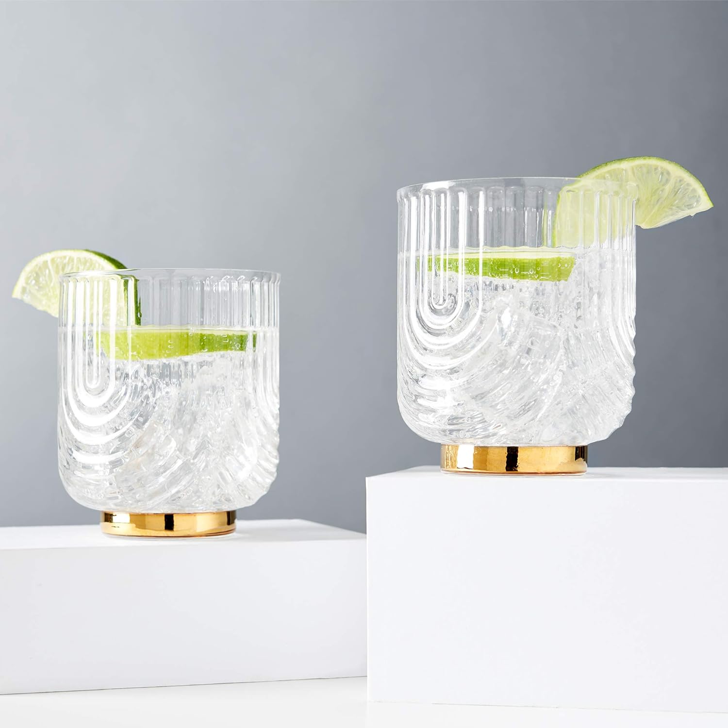 Viski Gatsby Lowball Glasses, Vintage Drinking Tumblers for Whiskey, Scotch & Bourbon, Art Deco Ripple Glassware Arch Design, Gold Plated Base Crystal Drinking Set, Set of 2 , 12oz