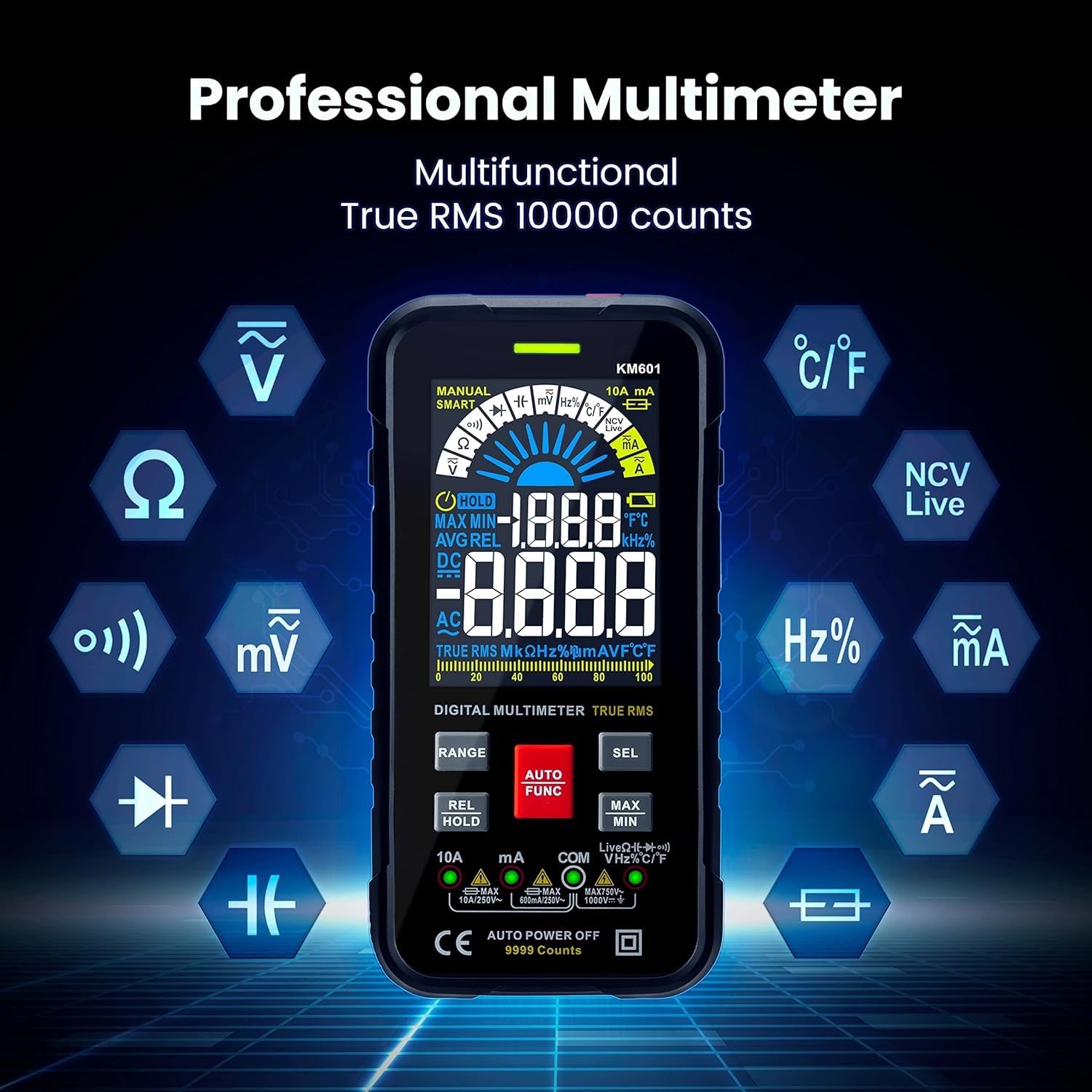 Digital Multimeter Voltmeter Smart Electrical Tester Measures Voltage Current Resistance Continuity Capacitance Temperature Frequency Auto Ranging 10000 Counts TRMS (Without Battery)