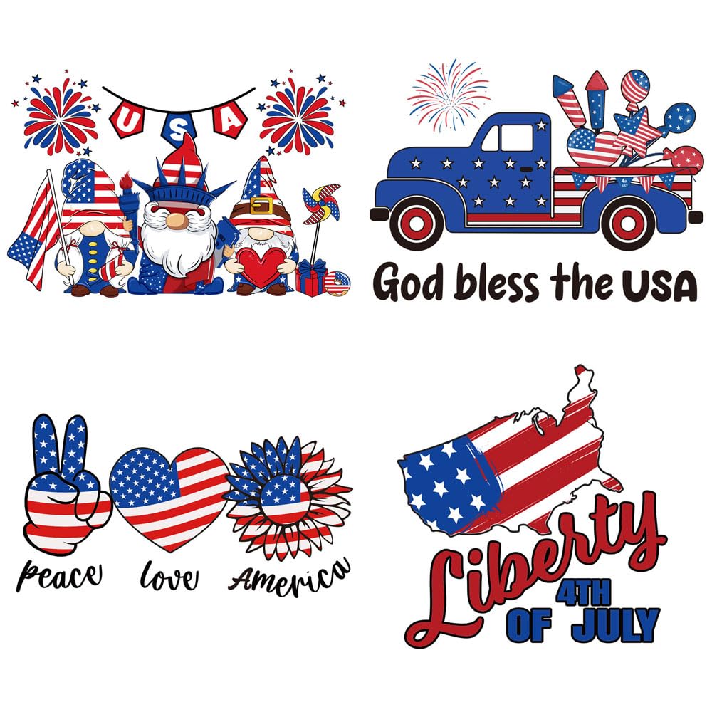 4Pcs 4th of July Iron on Transfers Patches Red Blue White Heat Transfers Vinyl Independence Day Ready to Press Appliques Liberty 4th of July USA Flag