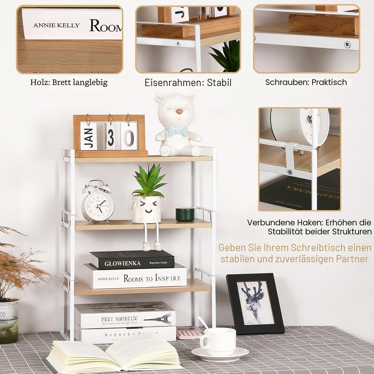 Schreibtischregal aus weißem Holz – niedliche Kommode, Top-Organisation, Aufbewahrung und Kabinendekoration, ästhetisches Bücherregal für Damen, Herren und Kinder