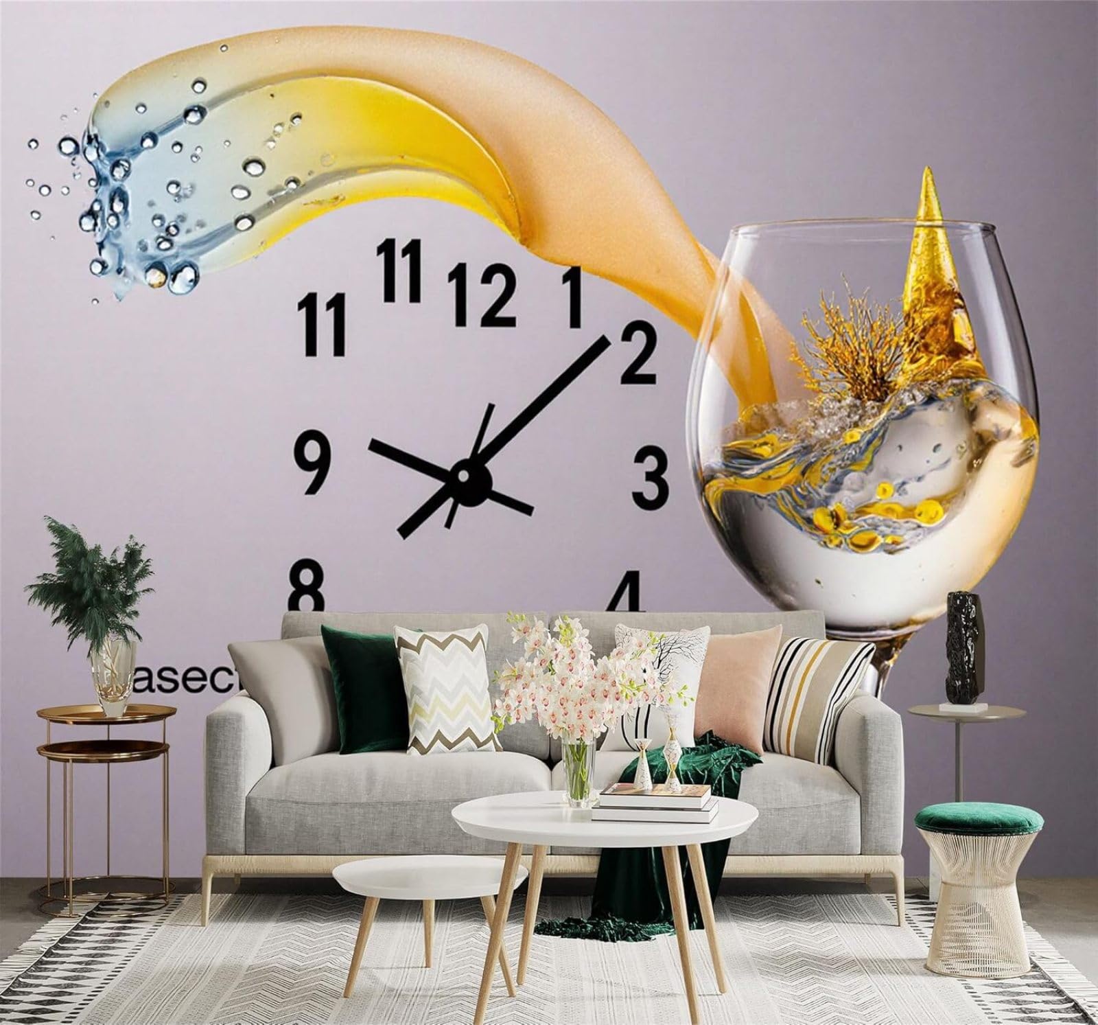 Tzxztt Creative Clock Splashing Liquid Wine Glass Art Modern 3D Wallpaper Premium Textured Silk Neutral Tones Material Ideal for Living Room Bedroom-250cm×170cm