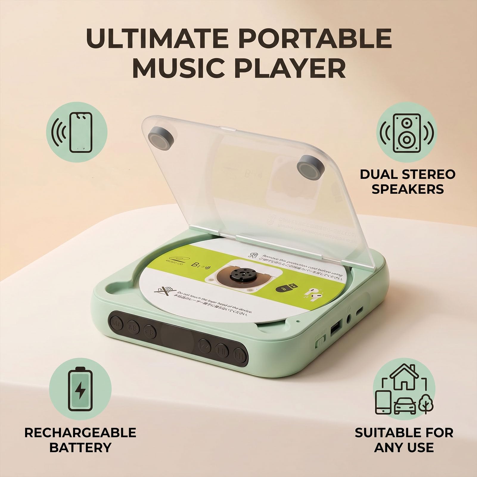 Bewinner Lettore CD Portatile con Trasmettitore Bluetooth 5.3, Doppi Altoparlanti Stereo, Display LCD, Batteria Ricaricabile da 2000 MAh, Riproduzione USB MP3, Cuffie Incluse per Casa,