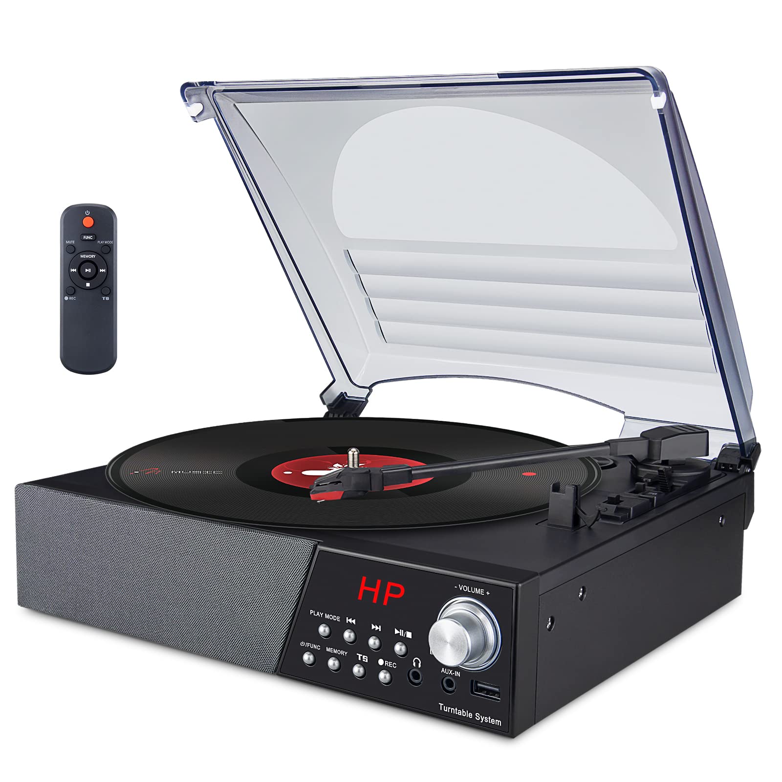 HONGUT Record Player, 3 Speed Turntable Vinyl Record Player with Bluetooth Speaker, MP3 Player Portable LP Vinyl Player with FM Stereo Radio, Vinyl to MP3 Recording Phonograph Player, Black