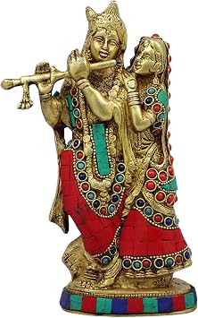 Kartique Brass Radha Krishna Bhagwan Murti Kishan Kanhaiya with Flute in Multicolor Stone Work