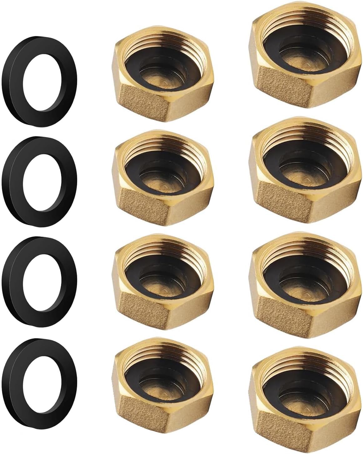 JSUOEO 8 PCS Brass Blanking Cap 1/2 And 3/4 Inch, Female Blanking Stop Cap With Washers Hex Brass Blanking Nut Cap Plumbing Fittings For Washing