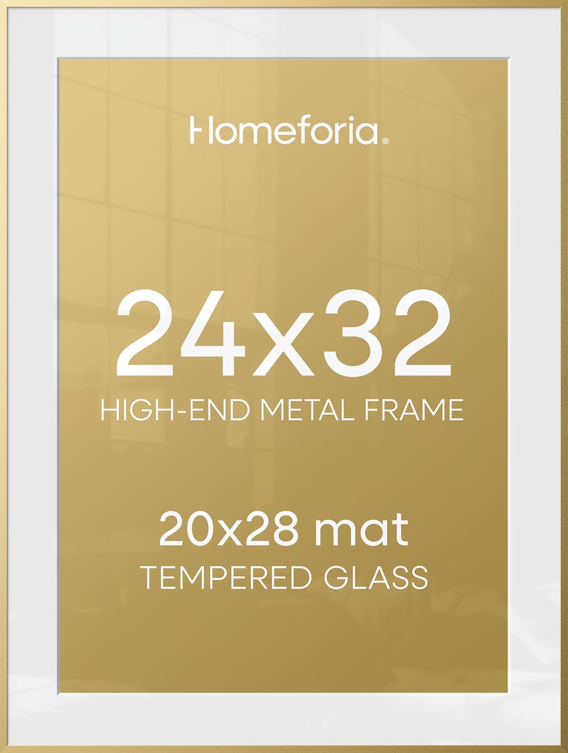 Homeforia 24x32 Poster Frame Gold, High End Metal 24 x 32 Large Picture Frames with Mat 20 by 28 for Photo, 24x32 Gold Frame Matted to 20x28 inch Print, 32x24 Frame, Tempered Glass, Wall Kit, Set of 1