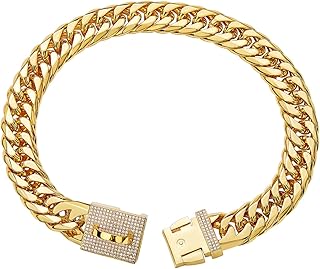 Gold Dog Chain Collar, 16mm Width Heavy Duty Dog Collar, Stainless Steel Cuban Link Chain Metal Dog Collar with Diamond Secure Buckle, Necklace for Small Medium Large Dogs