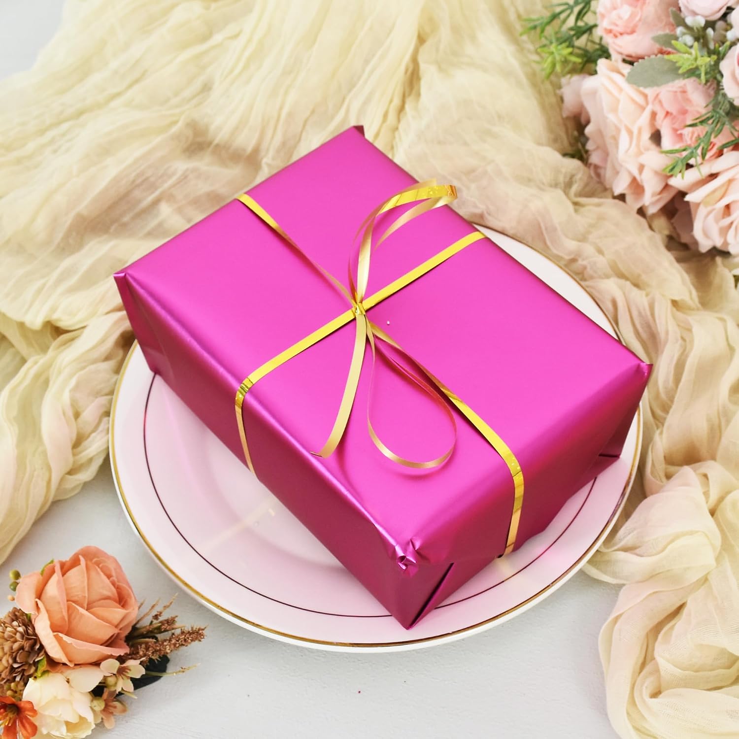 BEISHIDA Hot Pink Wrapping Paper Roll, Metal Matte Solid Color Gift Wrapping Paper for Christmas Wedding Graduation Birthday(17inches X 32.8ft)