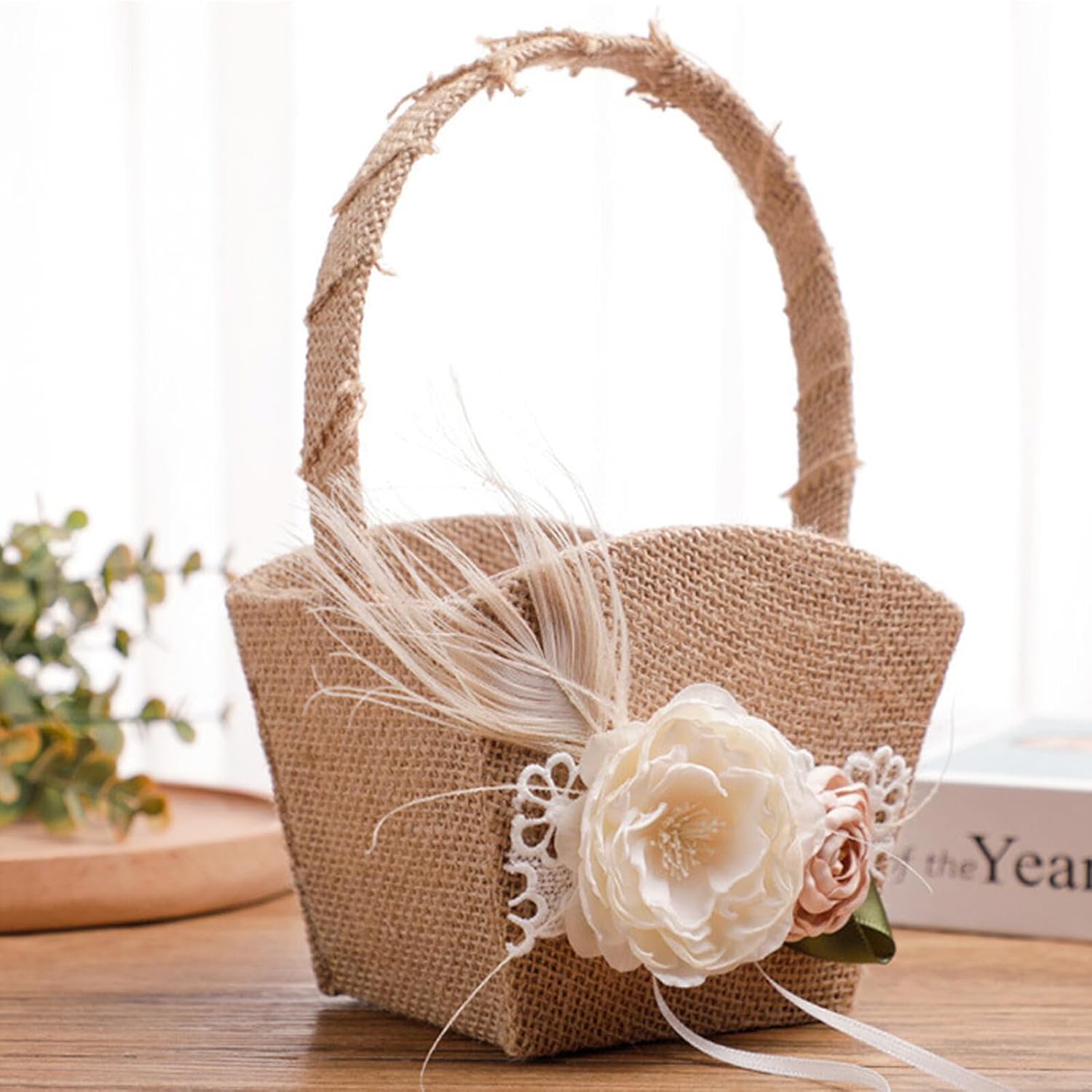 Garneck Wedding Flower Girl Basket Rustic Linen with Feather Bow Decorative Basket for Wedding Ceremony Flower Petal Holder Event Supplies