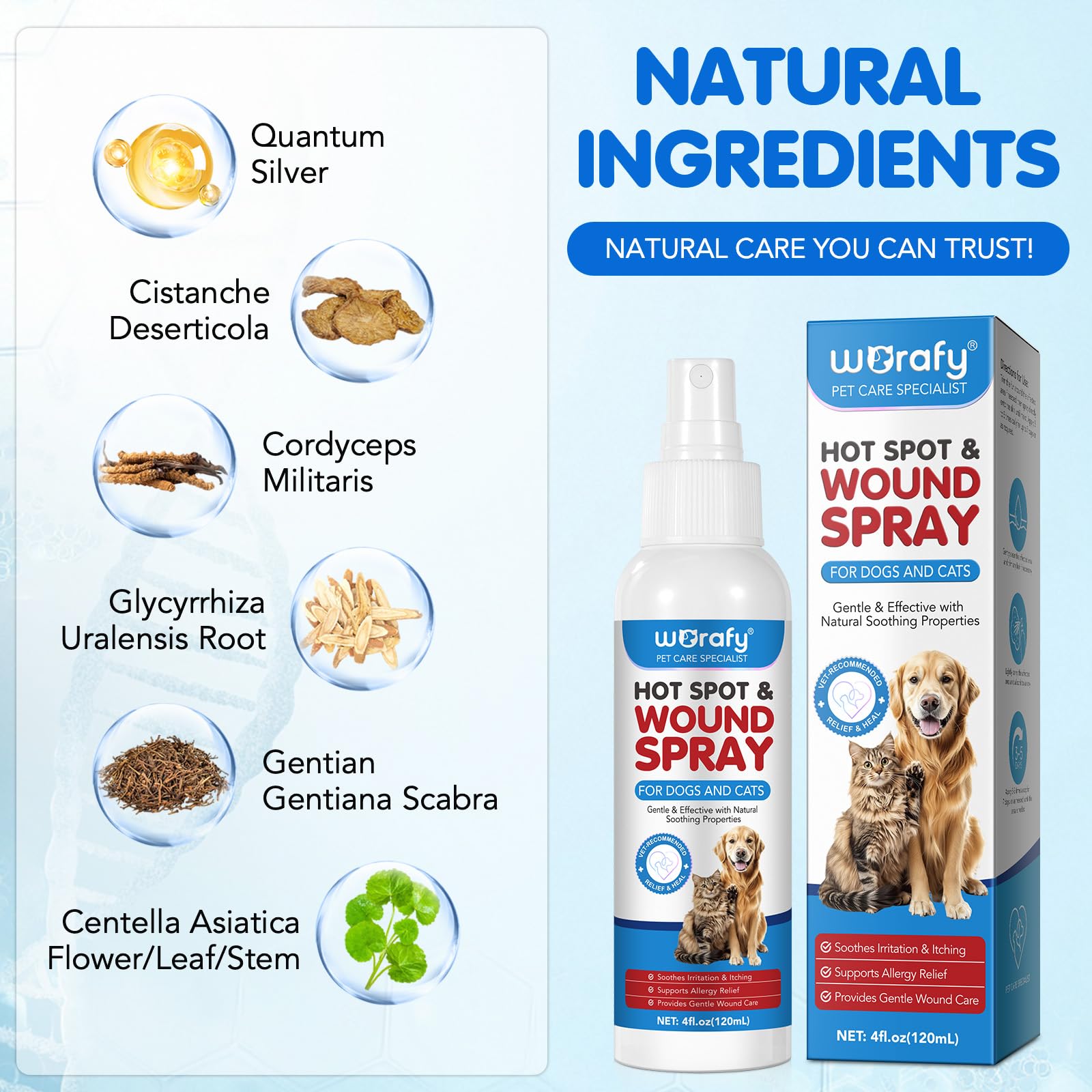 Spray Pour le Soin des Plaies Pour Chiens et Chats, 120 ml - Anti Demangeaison et Anti Allergie, Soulage les Infections et Irritations Cutanées Chez Tous les Animaux , Régénère Et Nourrit La Peau