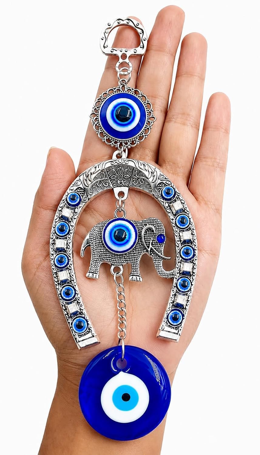 ARTISKRITI Evil Eye Hanging for Home Entrance, Car Mirror, House Door Decoration, Horseshoe with Elephant Figurine Nazar Battu for Home Protection, Good Luck Charm (Horseshoe with Elephant)