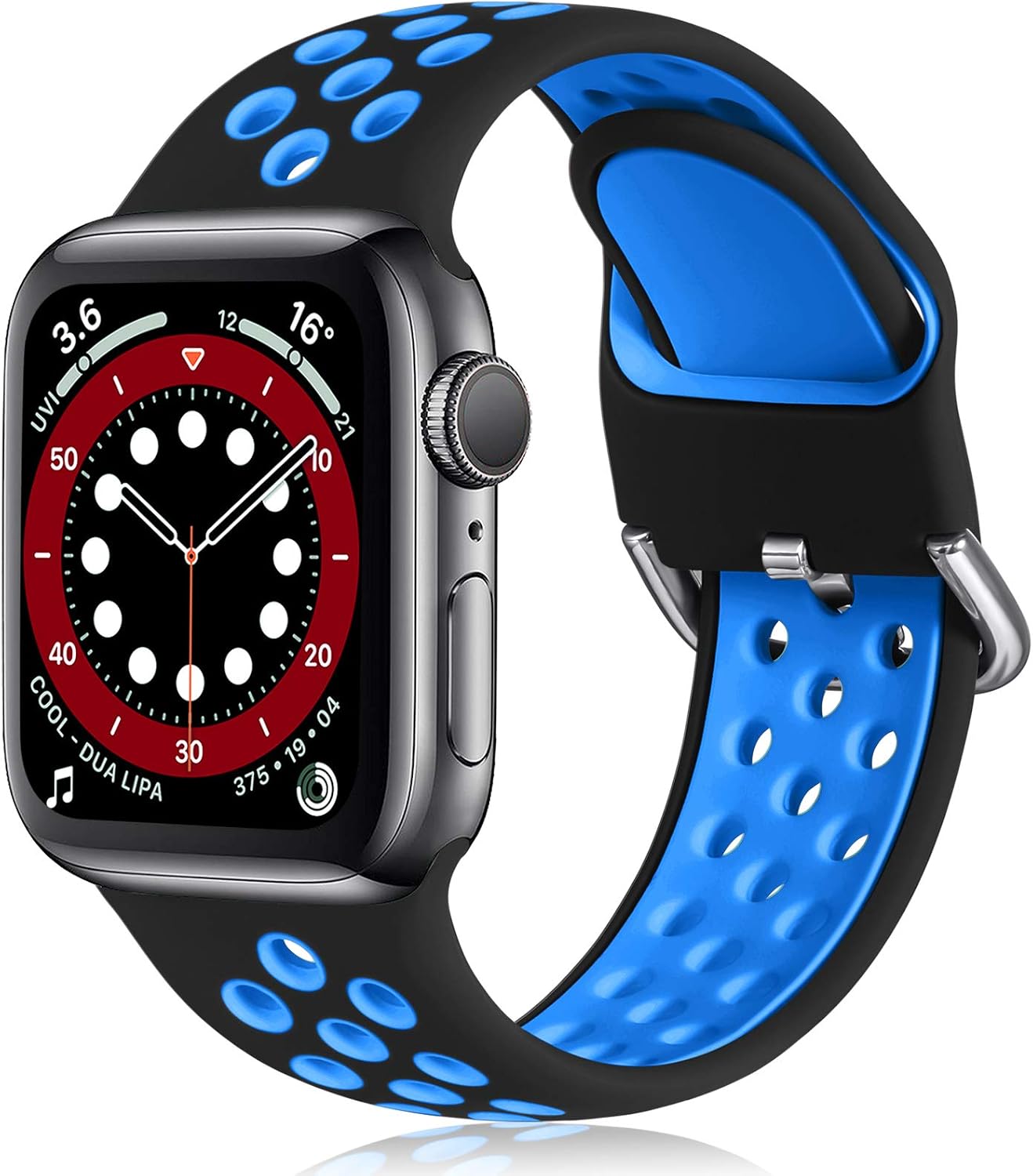 Witzon Compatible with Apple Watch Band 42mm 44mm Soft Silicone Waterproof Breathable Replacement Wristband Sport Bands for iWatch Series 1/2/3/4/5/6/SE Women Men, Black Blue, M/L