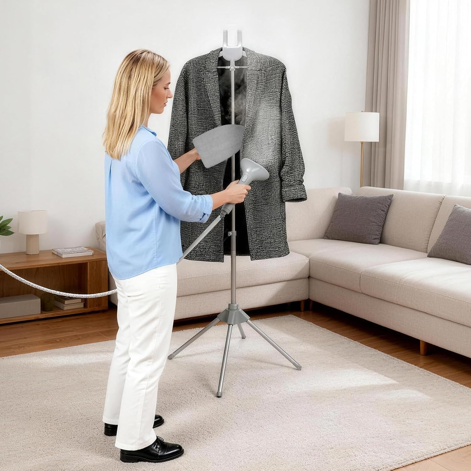 Steamer Stand for Clothes with Ironing Gloves & Carrying Bag Portable Adjustable Garment Steamer Stand Handheld Steamer Hanger Rack for Travel Home, Grey