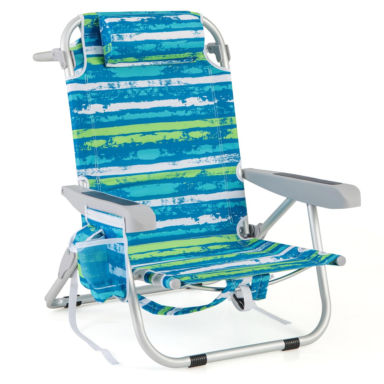 GOPLUS Strandstuhl klappbar leicht, Campingstuhl Outdoor Aluminium mit 5-Fach Verstellbarer Rückenlehne, bis 150kg belastbar, Klappstuhl Faltstuhl rutschfest mit Kissen Schultergurten (Grün,1)