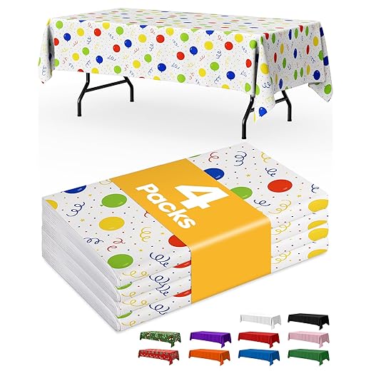 Birthday Balloon Plastic Table Cloth Rectangle Table 4 Pack, 54''×108'' Tablecloth for 6ft Tables, Table Cloth for Disposable Use, Table Cover for Holiday Party, Gathering